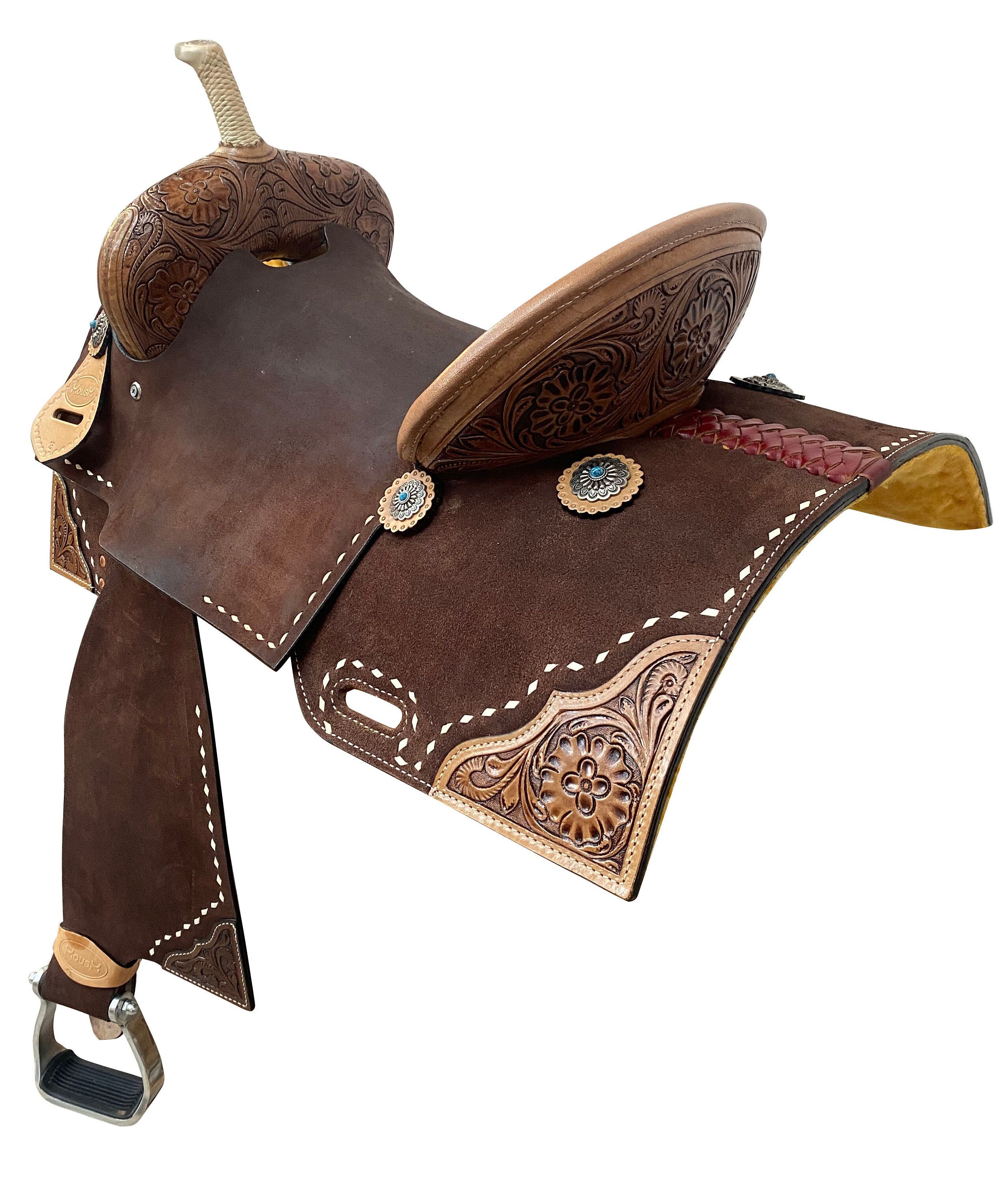 MOUSM Western Saddle for Horses - Handcrafted Barrel Saddle Built on a Rawhide-Covered Fiber Tree with Hand-Tooled Flower Design on Corner & Fancy Conchos, Seat Sizes: 13"–17" Inches