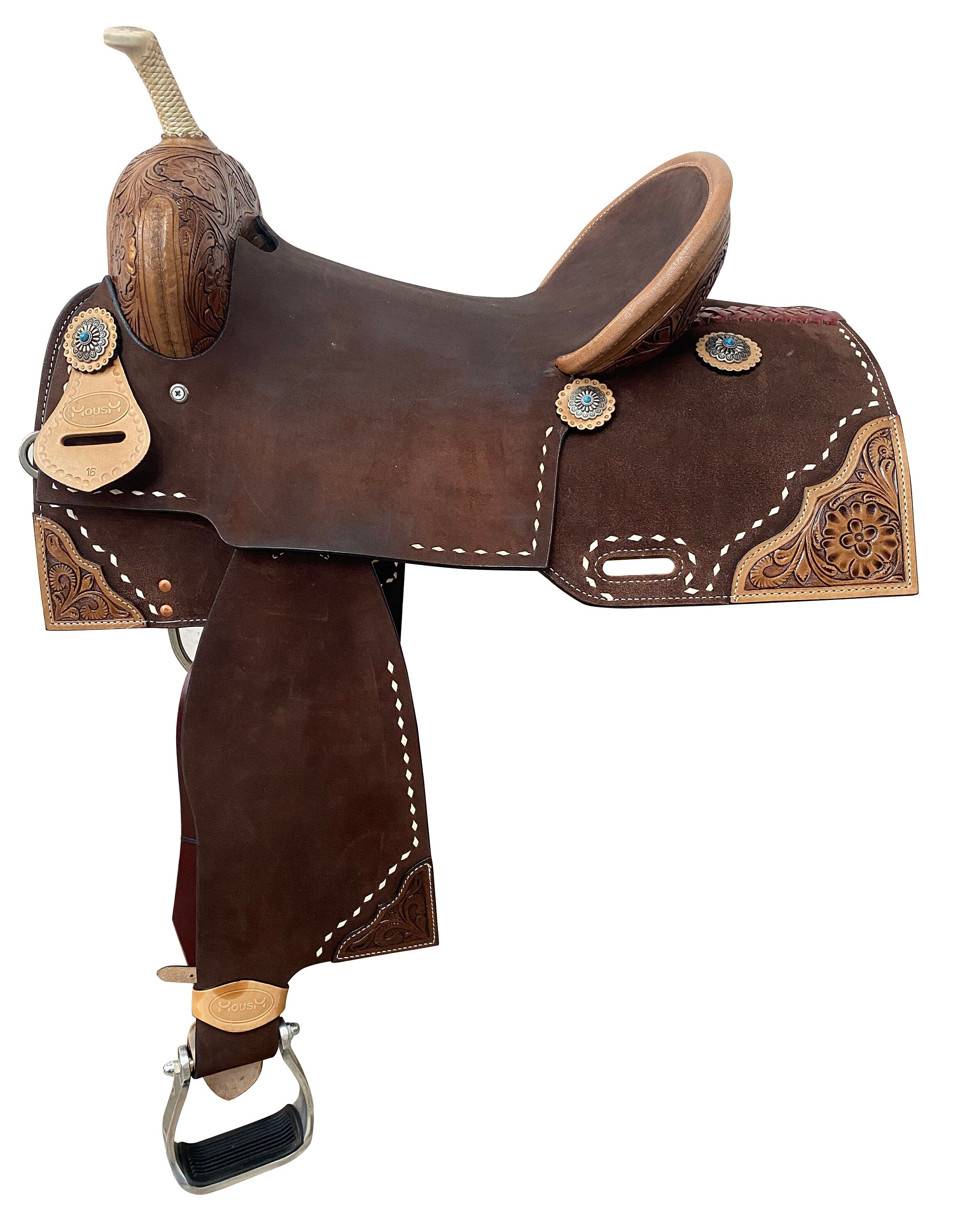 MOUSM Western Saddle for Horses - Handcrafted Barrel Saddle Built on a Rawhide-Covered Fiber Tree with Hand-Tooled Flower Design on Corner & Fancy Conchos, Seat Sizes: 13"–17" Inches