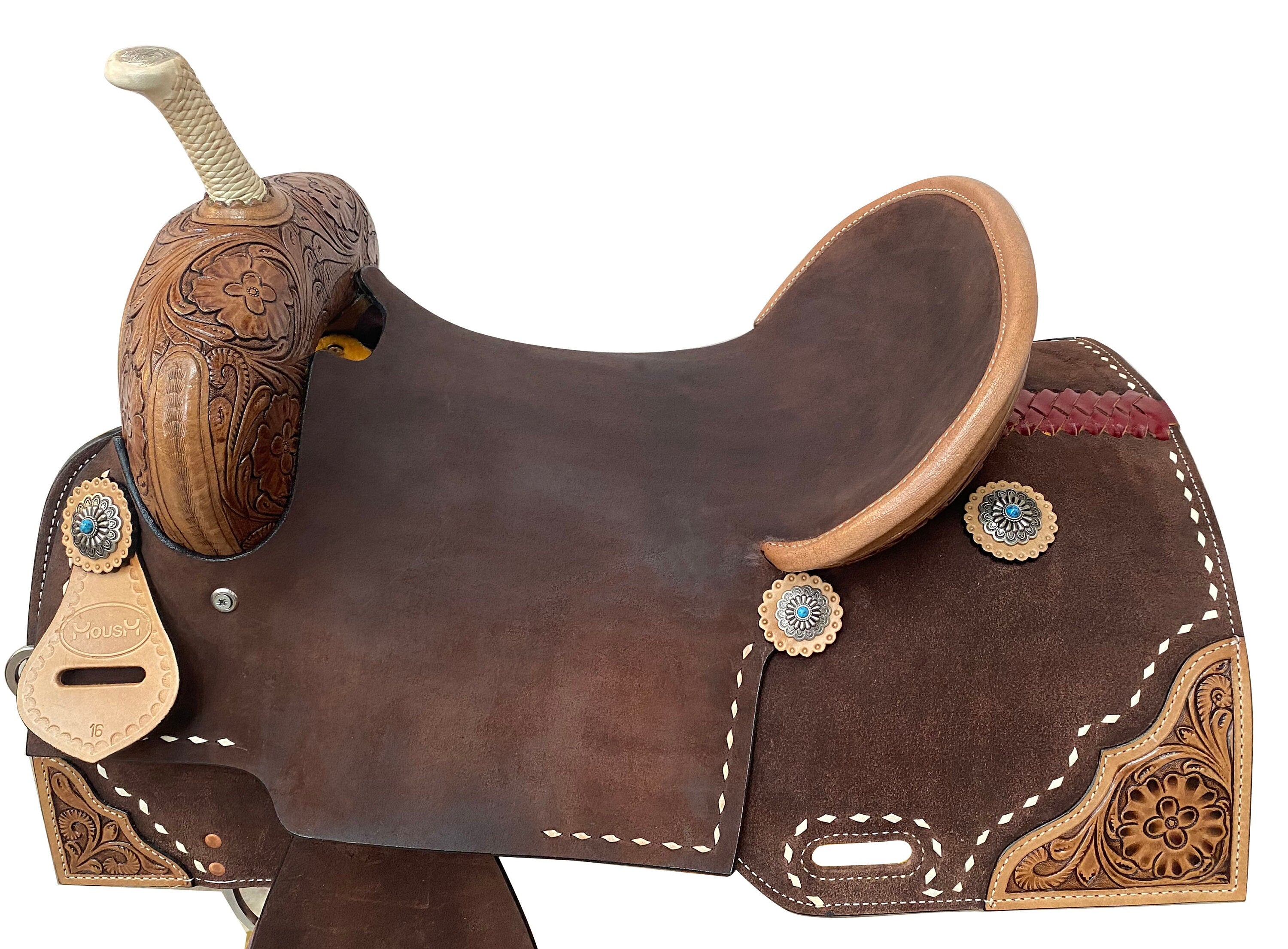 MOUSM Western Saddle for Horses - Handcrafted Barrel Saddle Built on a Rawhide-Covered Fiber Tree with Hand-Tooled Flower Design on Corner & Fancy Conchos, Seat Sizes: 13"–17" Inches