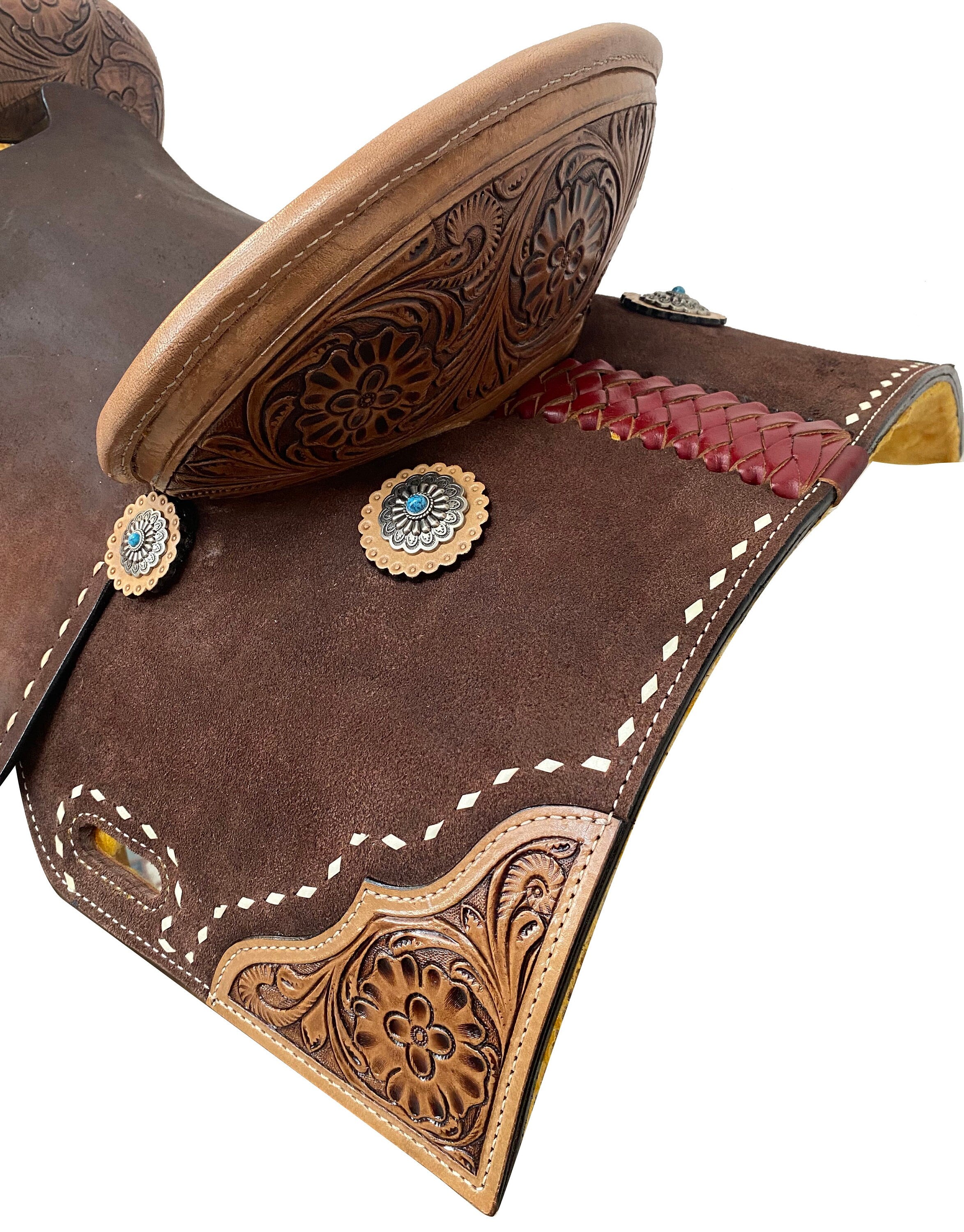 MOUSM Western Saddle for Horses - Handcrafted Barrel Saddle Built on a Rawhide-Covered Fiber Tree with Hand-Tooled Flower Design on Corner & Fancy Conchos, Seat Sizes: 13"–17" Inches