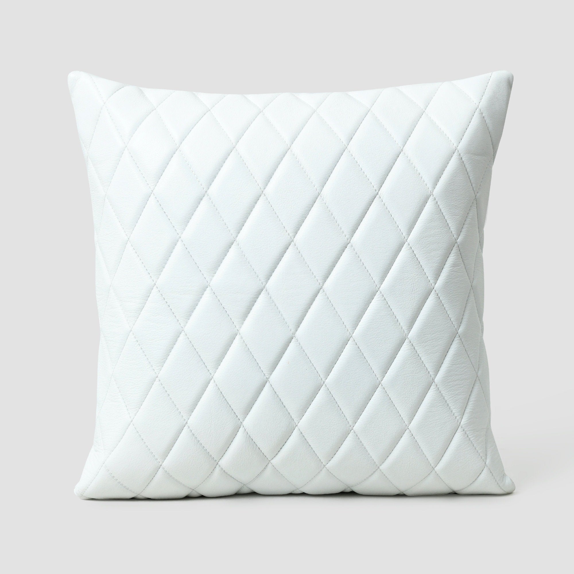 MOUSM Real Cowhide Leather Cushion Cover – 18x18 Inch Decorative Pillow Cover with Diagonal Striped Checks – Designer Throw Pillow Case for Sofa, Couch, Living Room & Bedroom (White / Tan / Brown / Black)