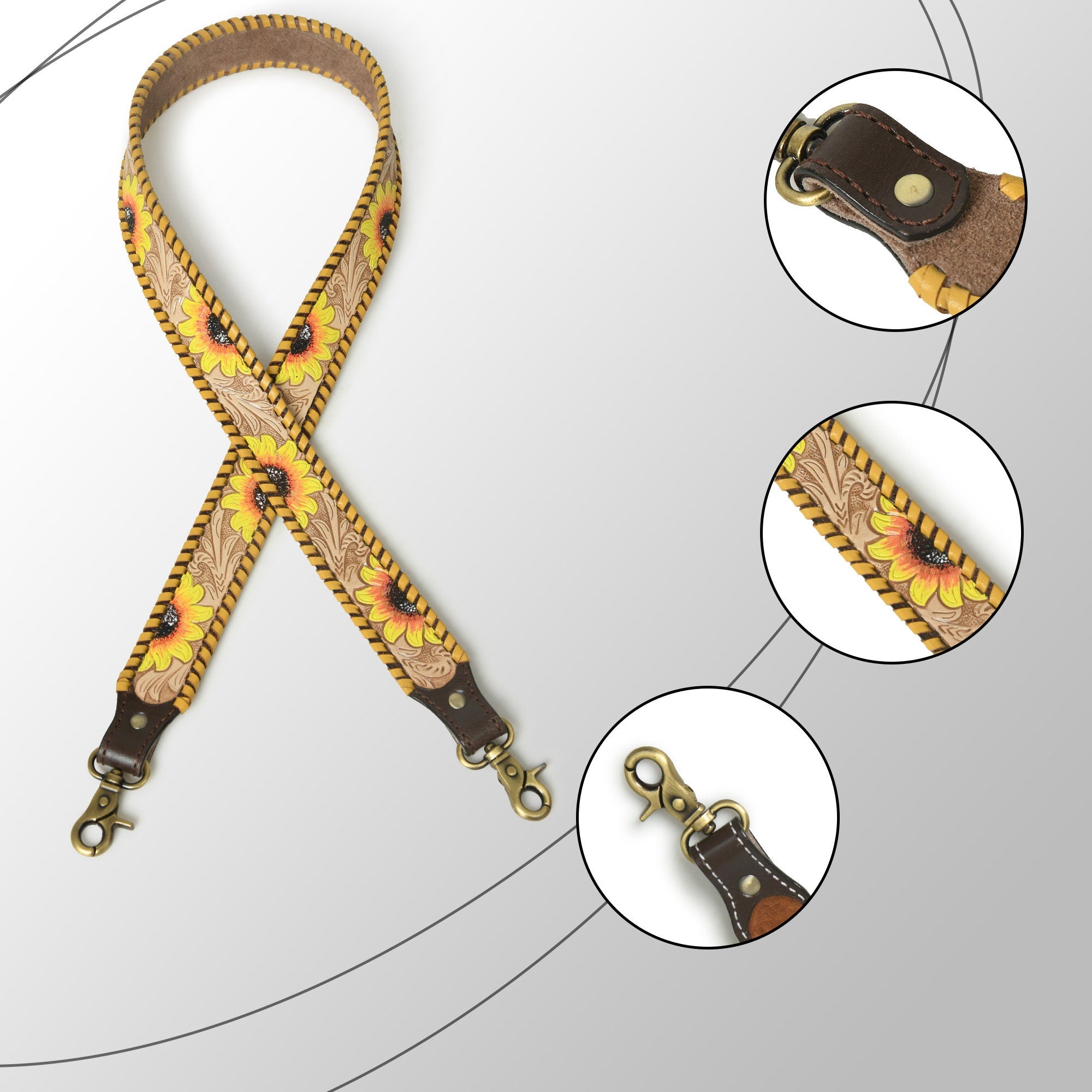 Mousm Personalized Replacement Purse Bag Guitar Strap Genuine Leather Hand Tooled Sunflower Bag Strap