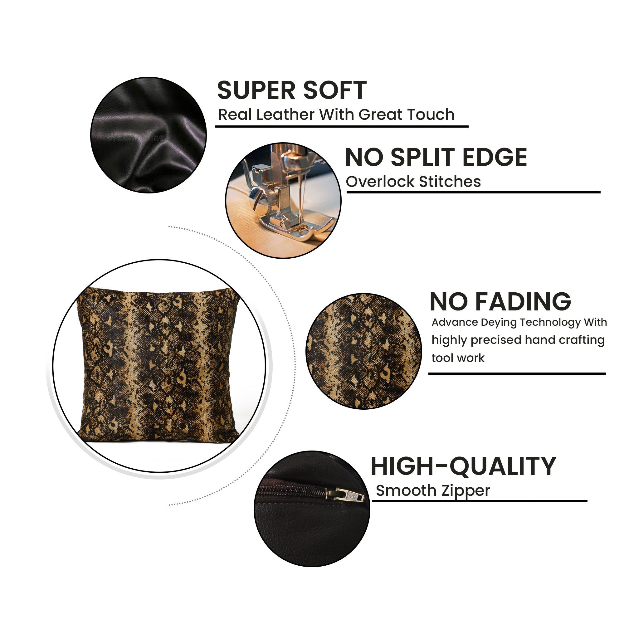 MOUSM Real Cowhide Leather Cushion Cover – 18x18 Inch Pillow Cover with Python Snake Print & Black Spots – Designer Square Pillow Cover for Sofa, Couch, Living Room & Bedroom