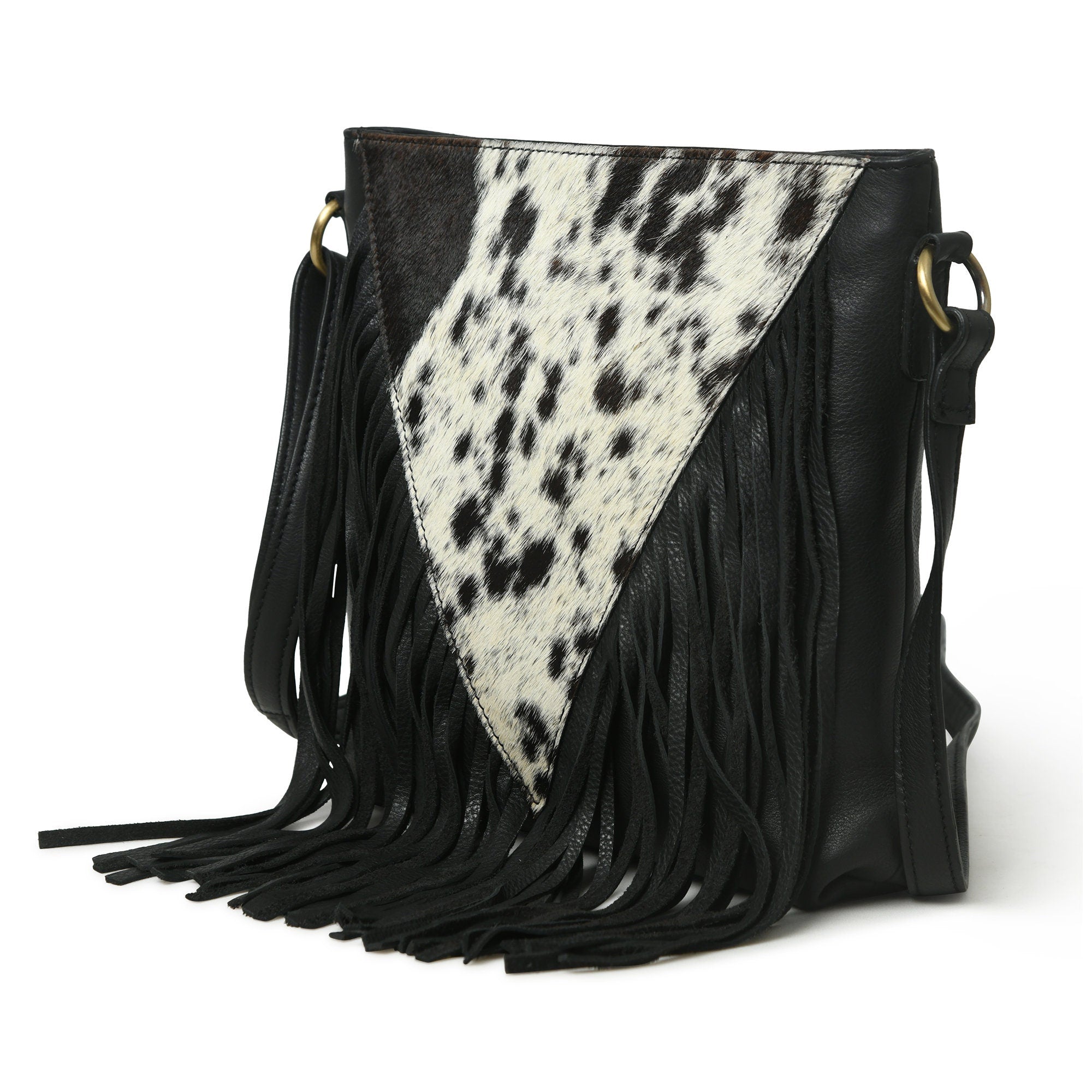 MOUSM Genuine Leather Ladies Shoulder Bag - Decorated with Large Inverted Triangle Hair-On Cow Hide Patch Leather Bags with Long Black Leather Fringe, High-Quality Zipper Closure with Adjustable Strap