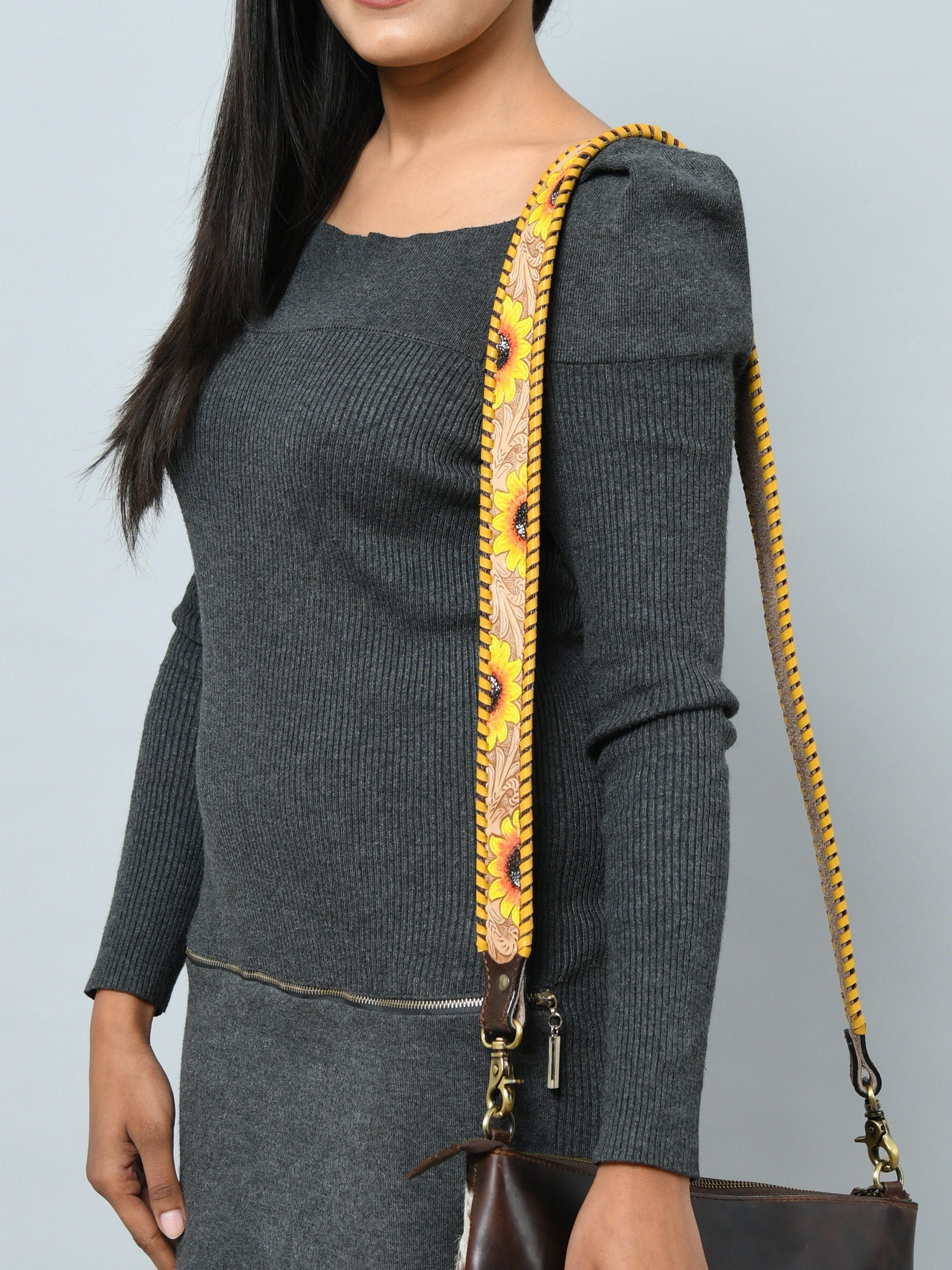 Mousm Personalized Replacement Purse Bag Guitar Strap Genuine Leather Hand Tooled Sunflower Bag Strap