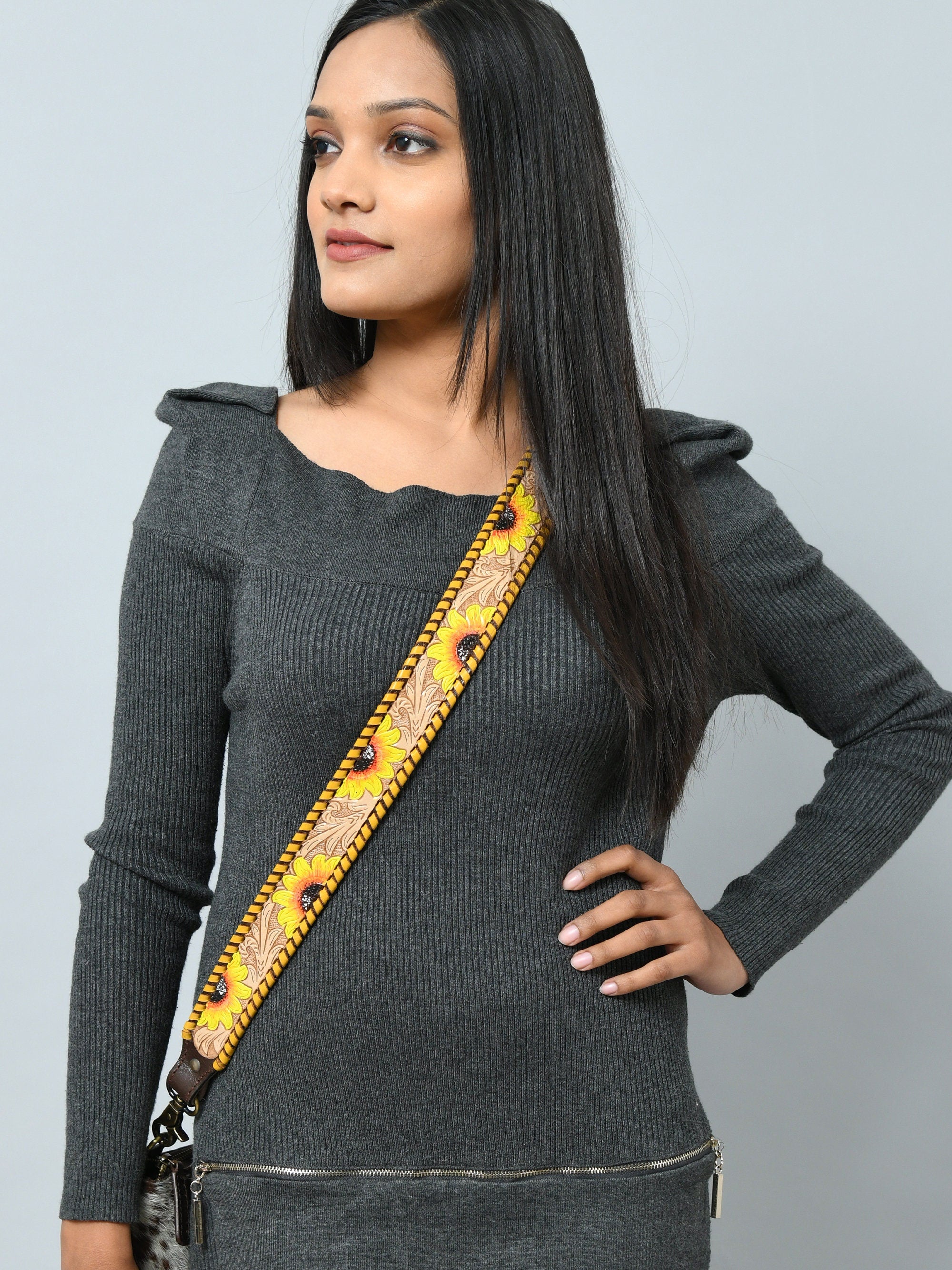 Mousm Personalized Replacement Purse Bag Guitar Strap Genuine Leather Hand Tooled Sunflower Bag Strap