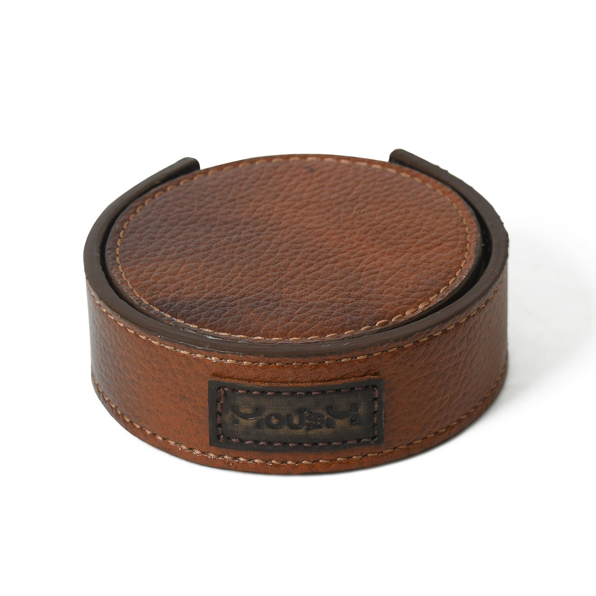MOUSM Full Grain Top Quality Leather Coasters with Holder - Set of 6 Coasters - Drink and Barware