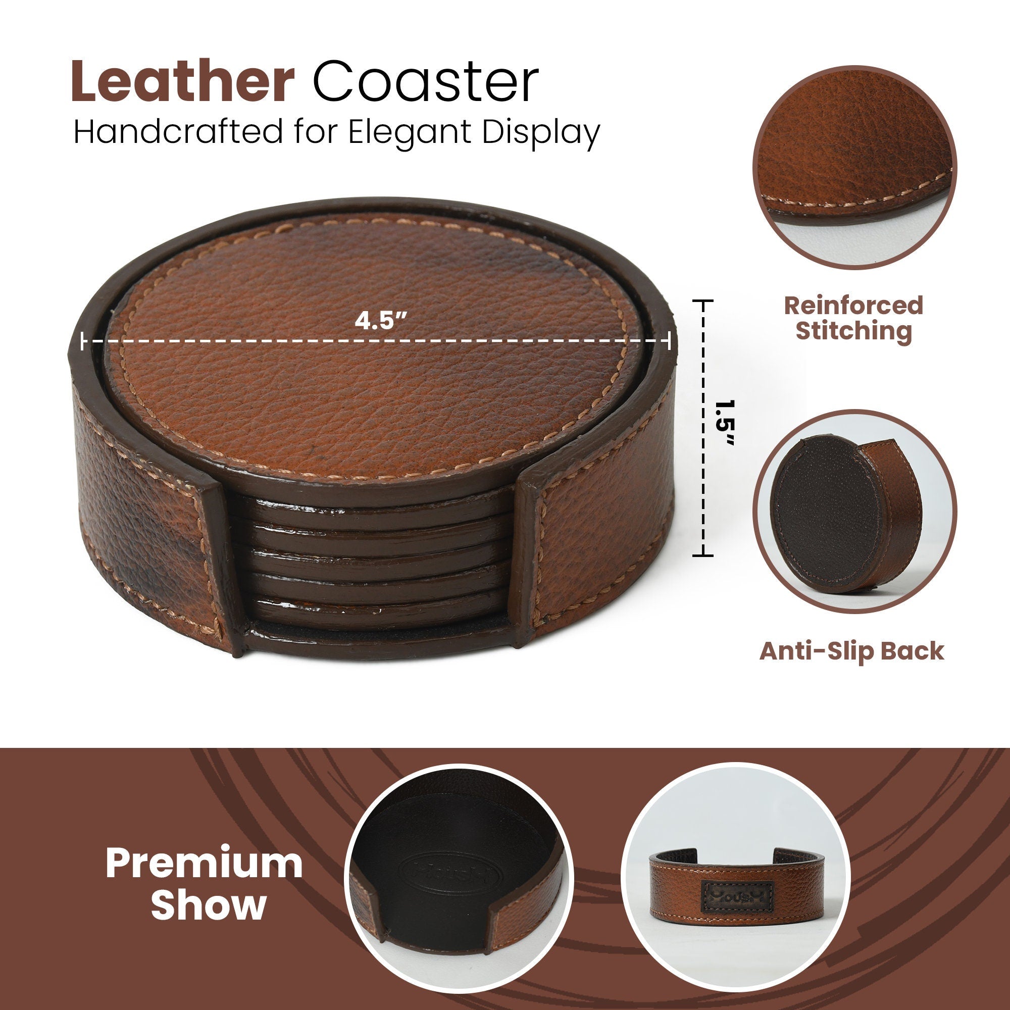 MOUSM Full Grain Top Quality Leather Coasters with Holder - Set of 6 Coasters - Drink and Barware