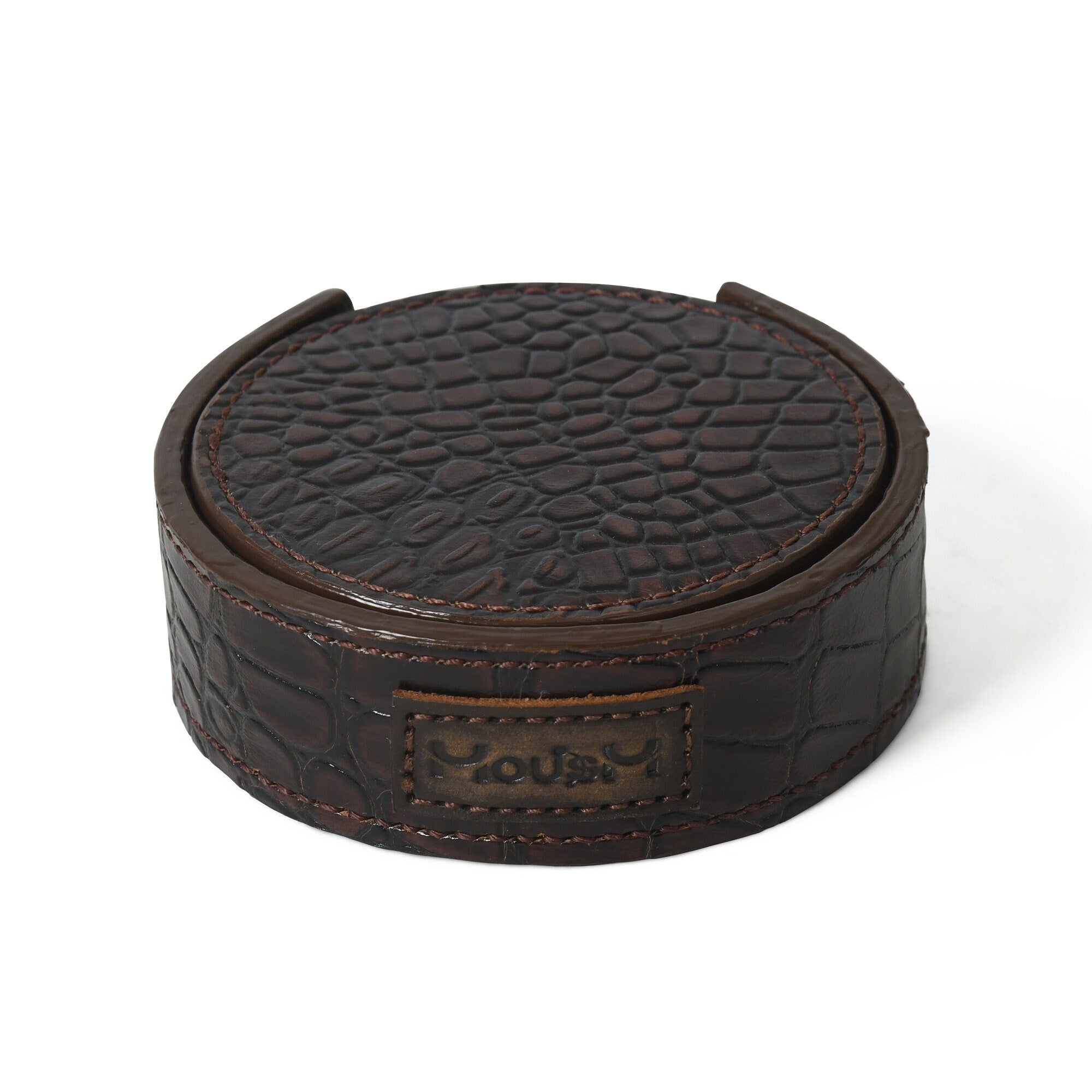 MOUSM 6 Leather Coasters with Holder Set, Whiskey Coasters, Round Leather Coasters, Housewarming Gift, Wedding Gifts Barware