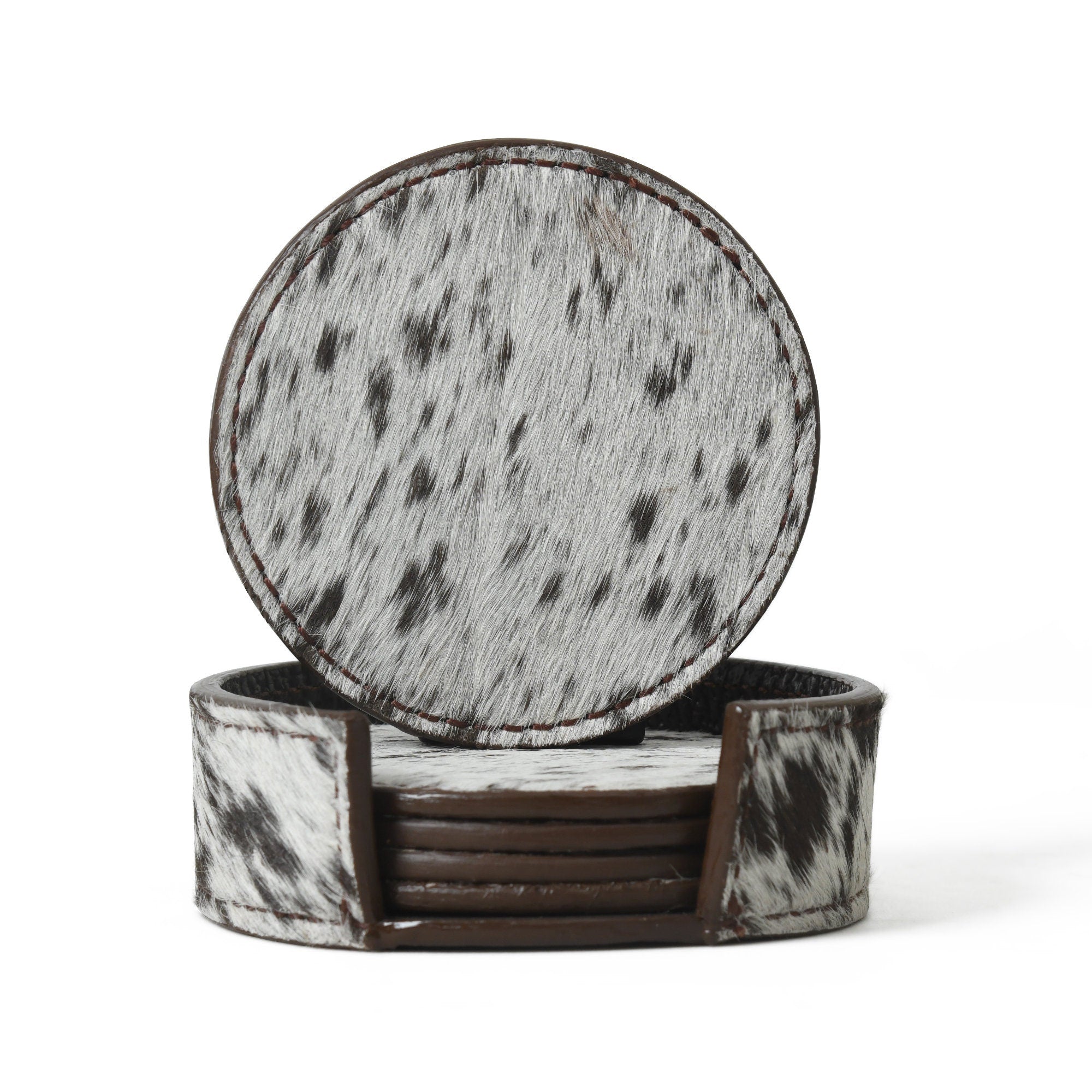 MOUSM Genuine Cowhide Leather 6 piece Coaster Set with Holder, Round Leather Coasters, Housewarming Gift, Wedding Gifts Barware