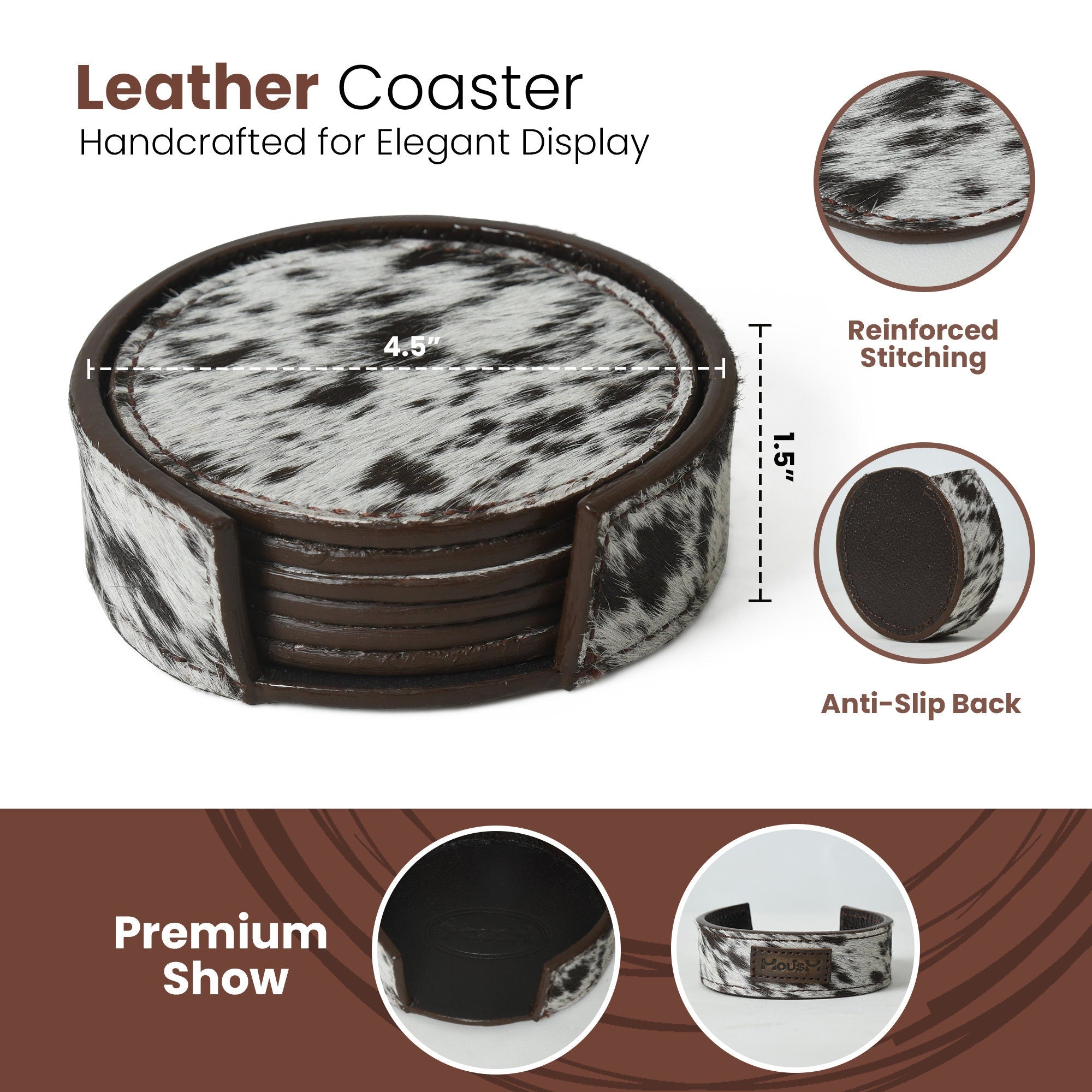 MOUSM Genuine Cowhide Leather 6 piece Coaster Set with Holder, Round Leather Coasters, Housewarming Gift, Wedding Gifts Barware