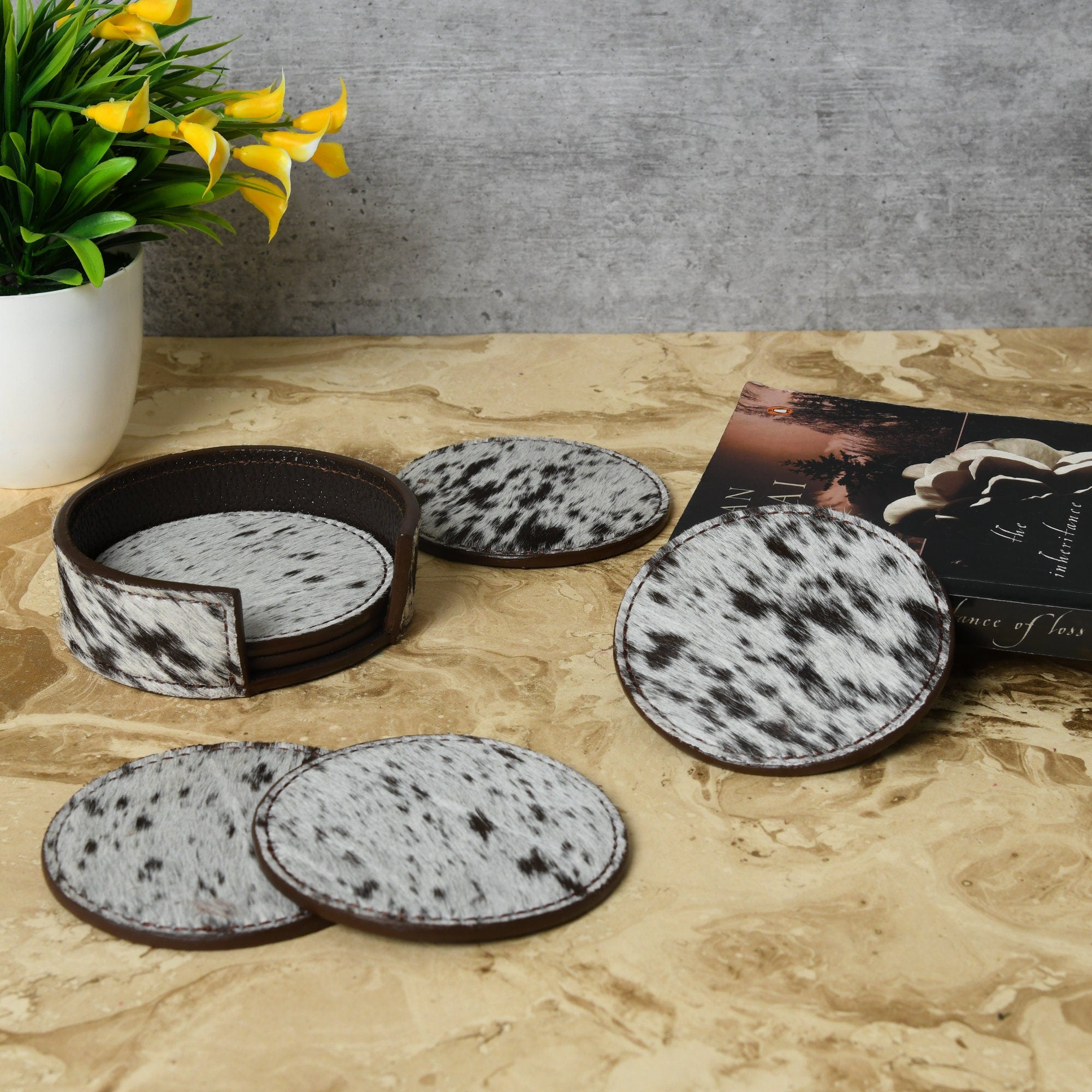 MOUSM Genuine Cowhide Leather 6 piece Coaster Set with Holder, Round Leather Coasters, Housewarming Gift, Wedding Gifts Barware