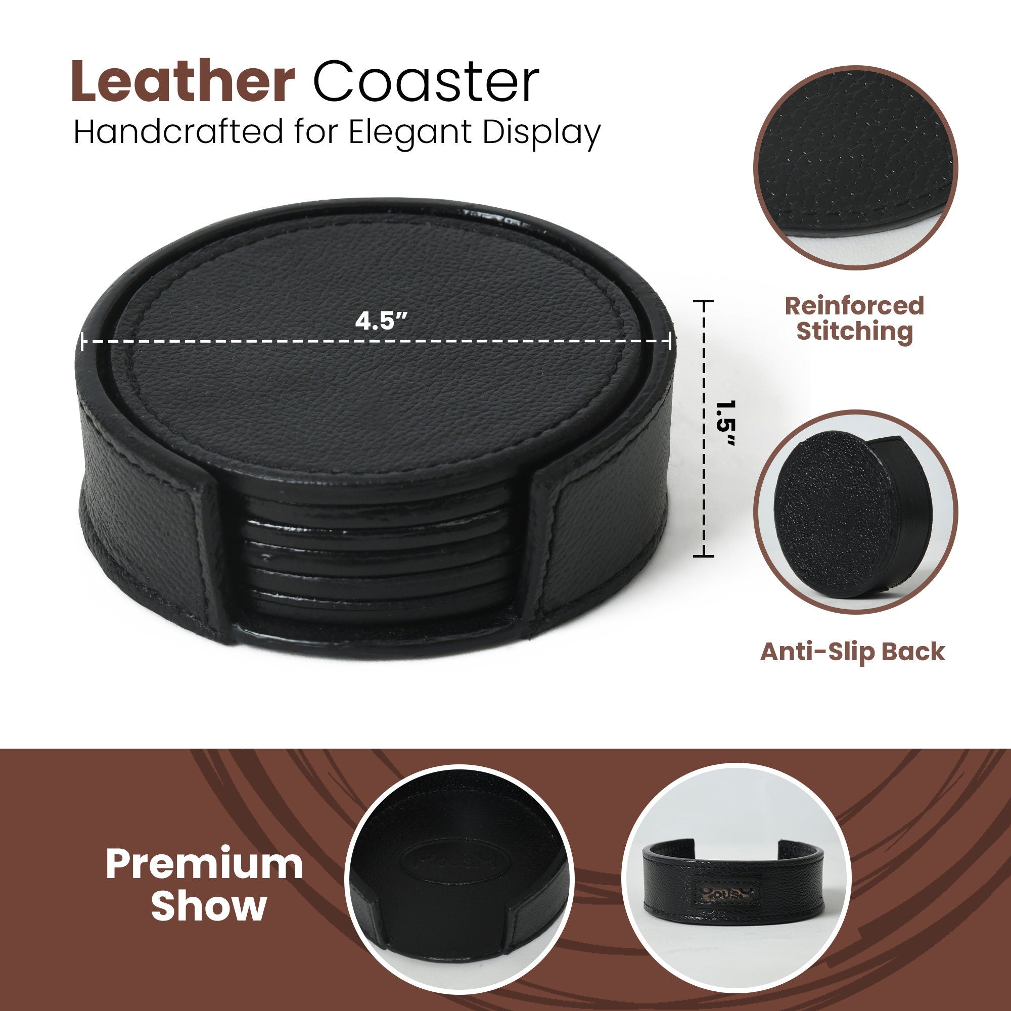 MOUSM Genuine Leather Coaster Set with Holder, Black Coaster, Barware Gift, Gift for Him, Party Drink Mats Housewarming Gifts, Drinking Mats