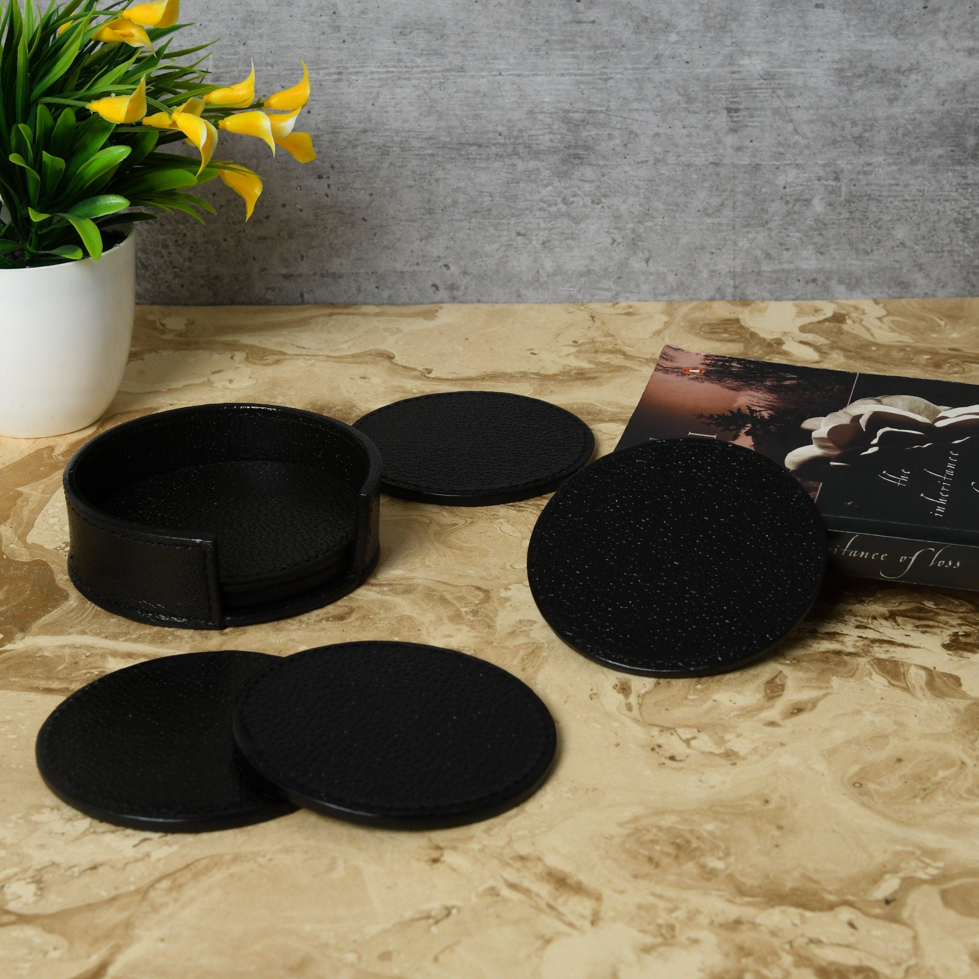 MOUSM Genuine Leather Coaster Set with Holder, Black Coaster, Barware Gift, Gift for Him, Party Drink Mats Housewarming Gifts, Drinking Mats