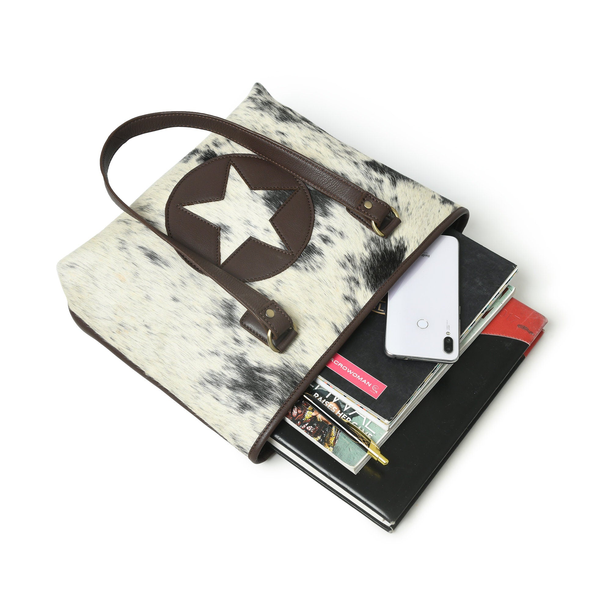 MOUSM Genuine Leather Handbag - Tote Bag for Women with Centre Star Cut Patch on Real Hair-On Cow Hide Leather Front, High-Quality Zipper Closure