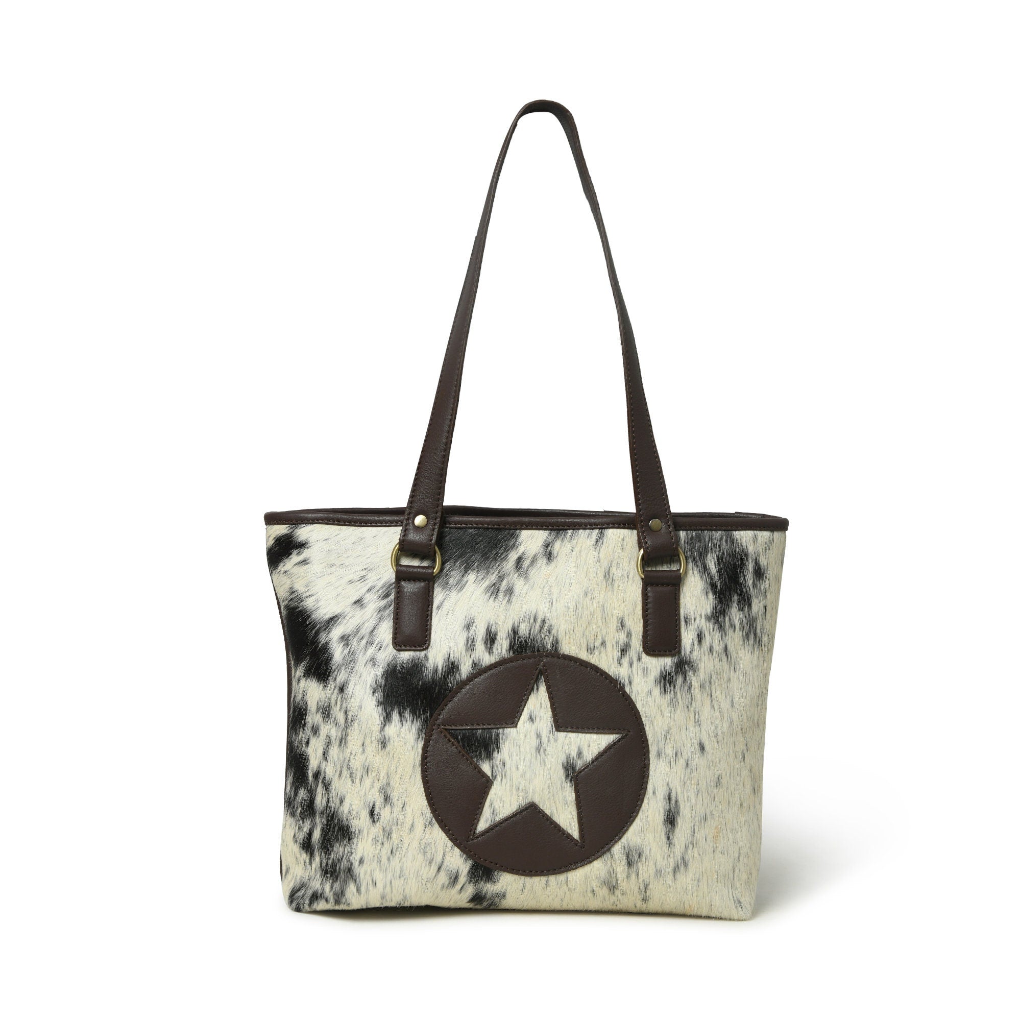 MOUSM Genuine Leather Handbag - Tote Bag for Women with Centre Star Cut Patch on Real Hair-On Cow Hide Leather Front, High-Quality Zipper Closure