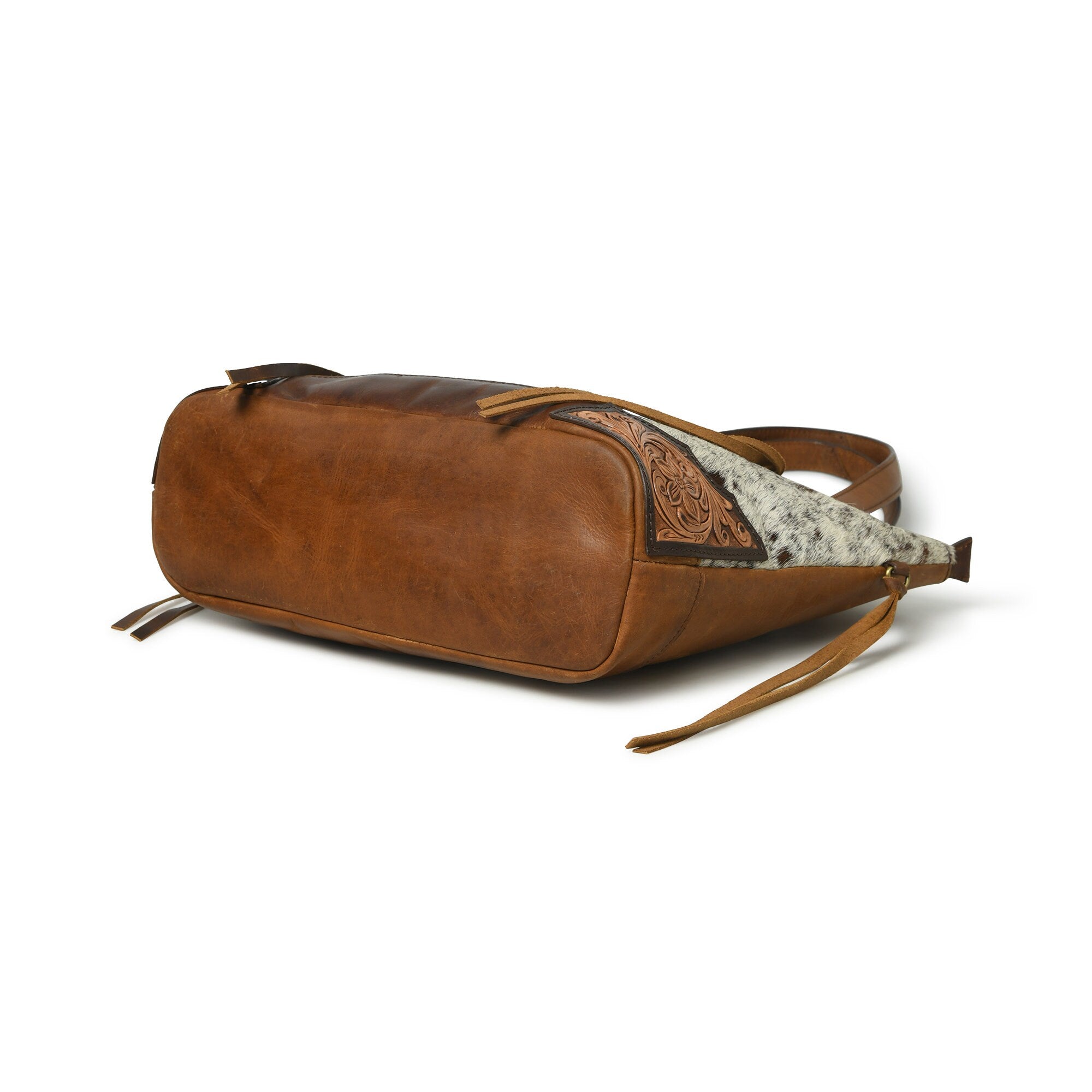 MOUSM Genuine Cow Hide Leather Tote Bag for Women - Tote Bag with Hand-Tooled Floral Patch on Real Hair On Cow Hide Leather Front with Side Fringe, High-Quality Zipper Closure