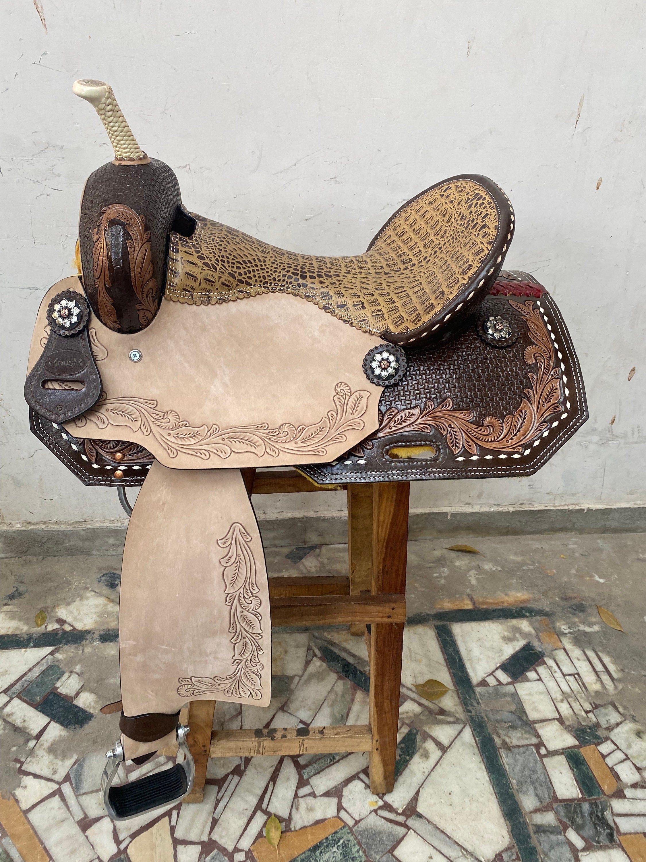 Western Barrel Saddle - Handcrafted with Premium Quality Leather, Hand-Tooled Alligator Print, Built on Rawhide-Covered Fiber Tree with Fancy Conchos, Seat Size: 13"-17" Inches