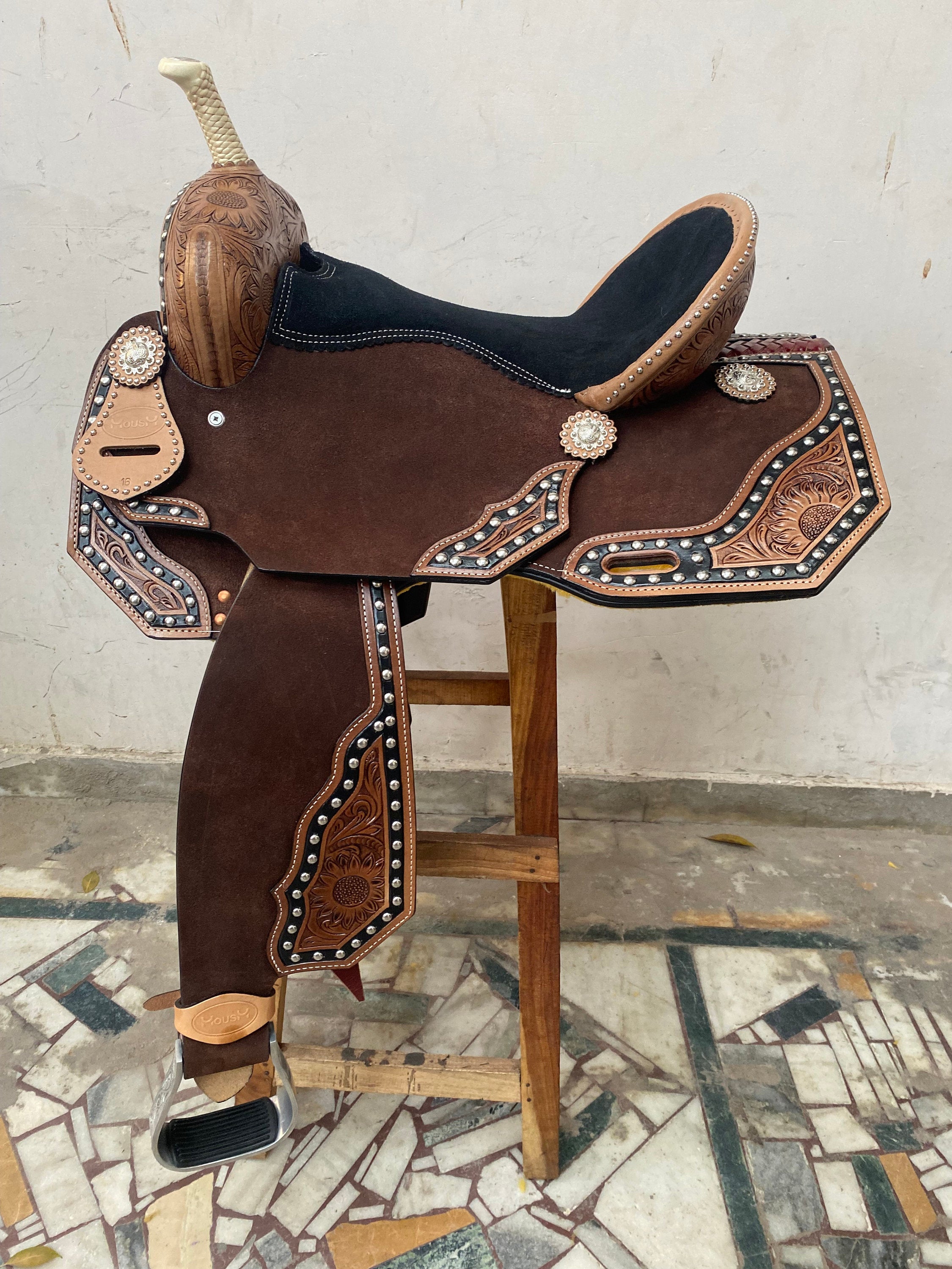 MOUSM Western Horse Saddle - Handcrafted with Tooling and Surrounded by Studs and Fancy Conchos, Barrel Saddle Built on a Rawhide-Covered Fiber Tree, Seat Size: 13"-17" Inches