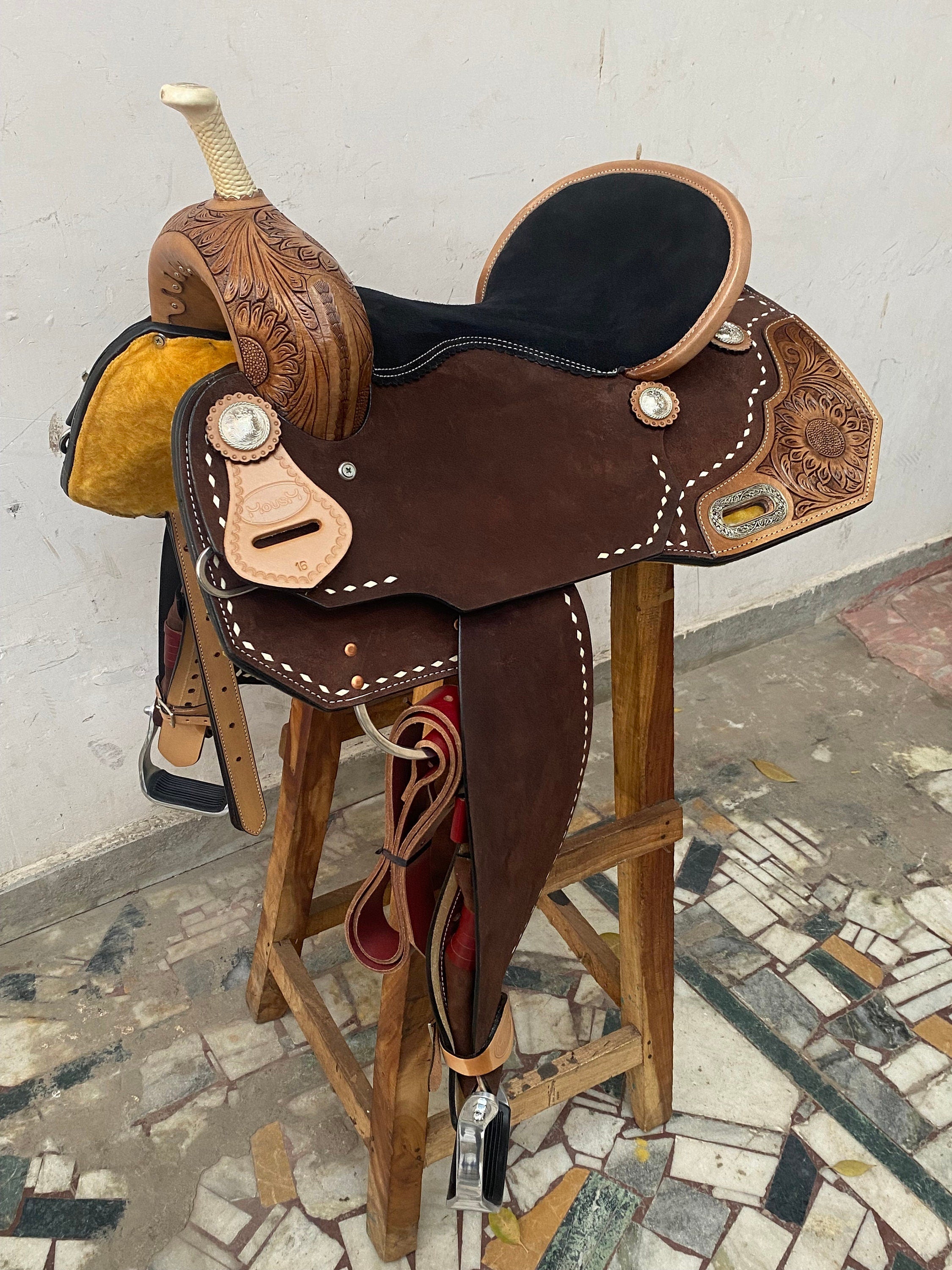MOUSM Western Saddle - Hand-Tooled Sunflower Single Barrel Saddle Built on Rawhide Covered Fiber Tree with Fancy Concho, Seat Size: 13"-17" Inches
