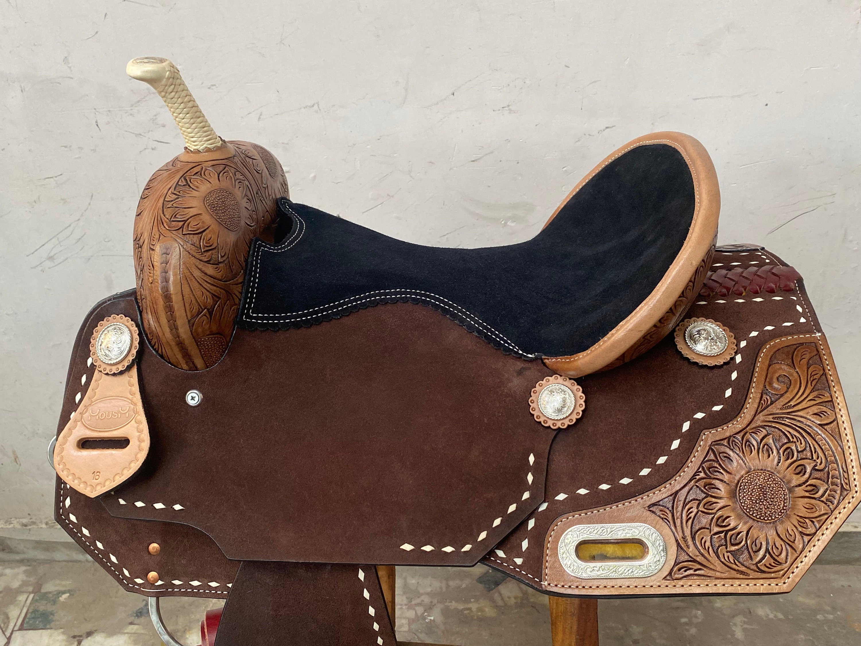 MOUSM Western Saddle - Hand-Tooled Sunflower Single Barrel Saddle Built on Rawhide Covered Fiber Tree with Fancy Concho, Seat Size: 13"-17" Inches