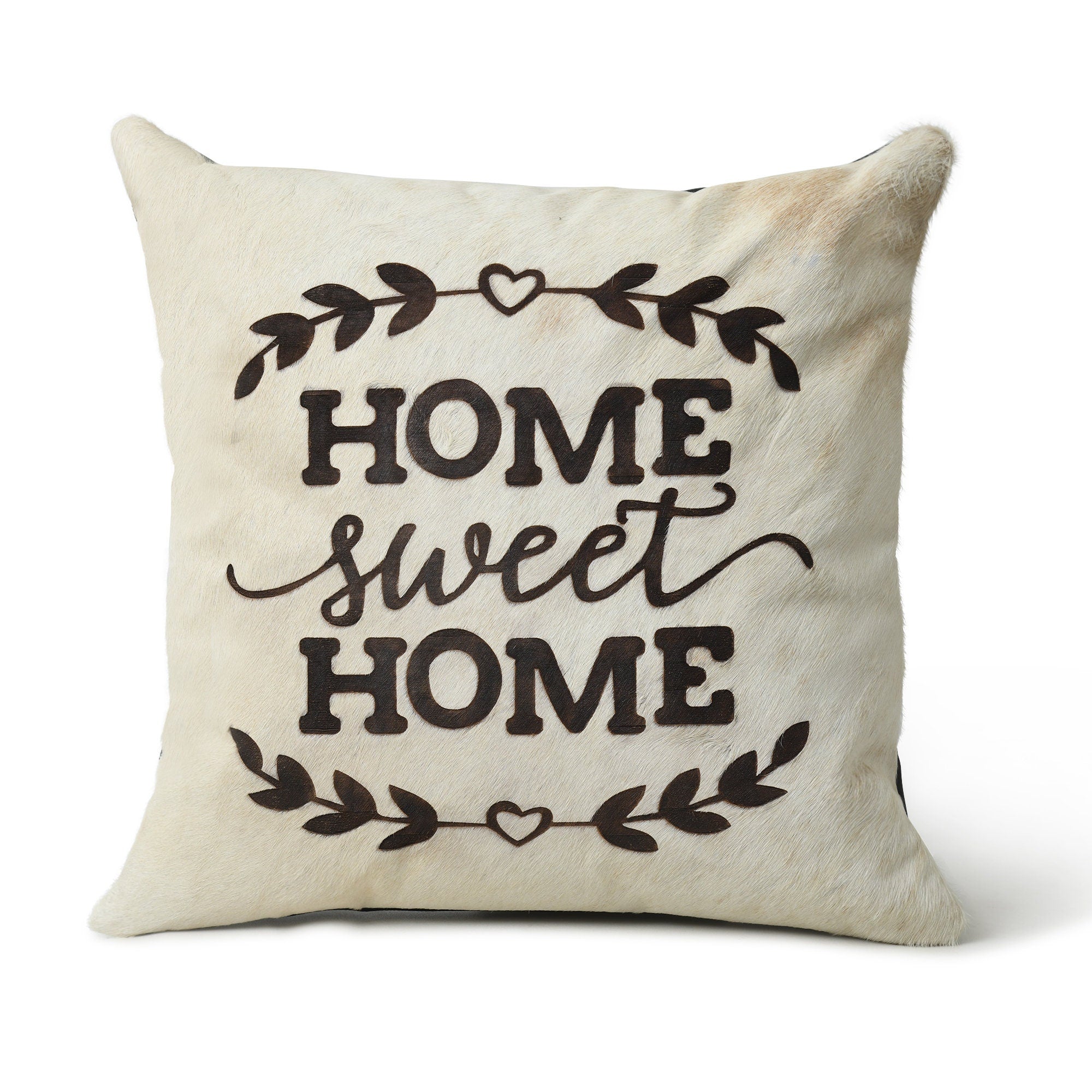 MOUSM Real Cowhide Leather Cushion Cover – 18x18 Inch Hair-On Decorative Pillow Cover with “Home Sweet Home” Quotation – Designer Throw Pillow Case for Sofa, Couch, Living Room & Bedroom