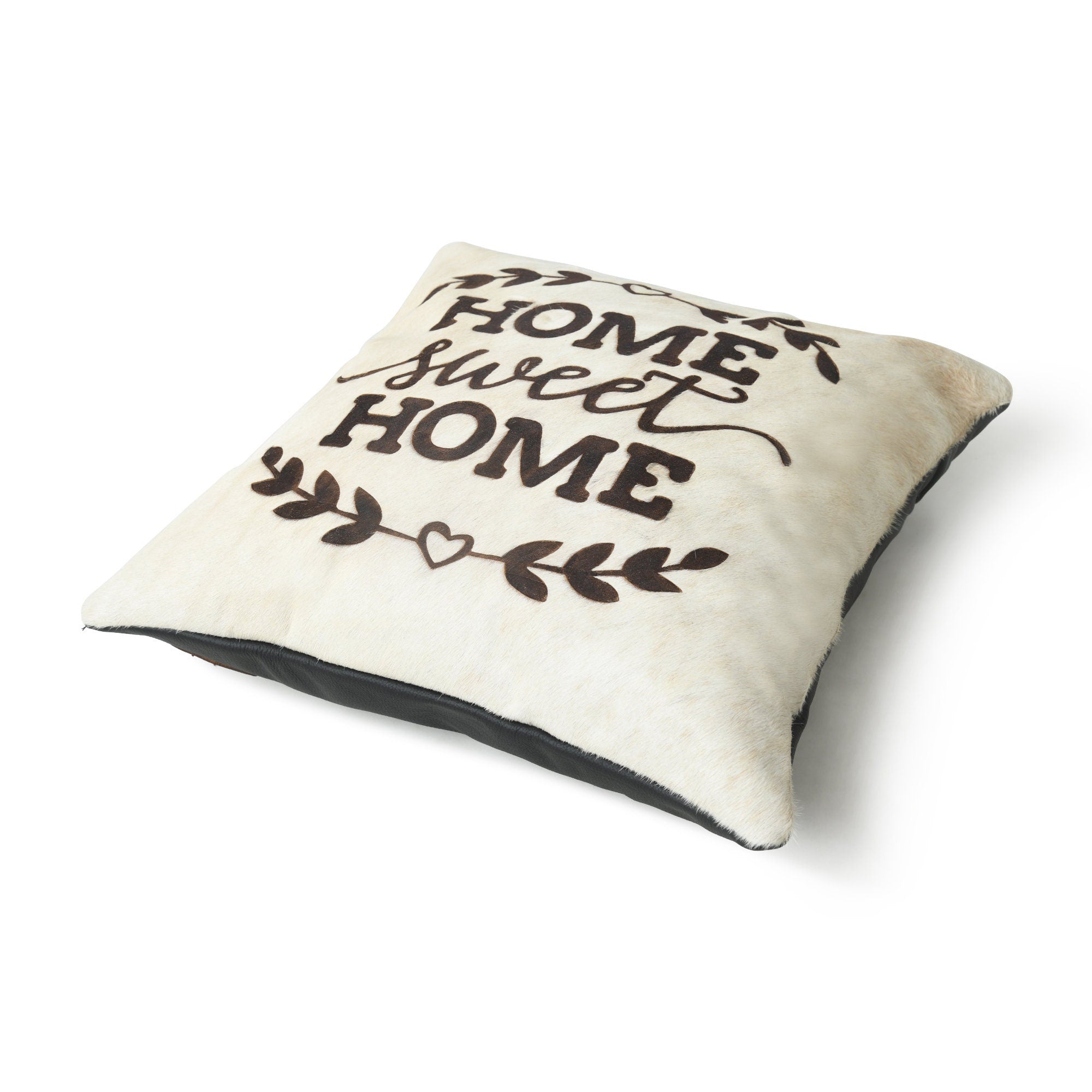 MOUSM Real Cowhide Leather Cushion Cover – 18x18 Inch Hair-On Decorative Pillow Cover with “Home Sweet Home” Quotation – Designer Throw Pillow Case for Sofa, Couch, Living Room & Bedroom