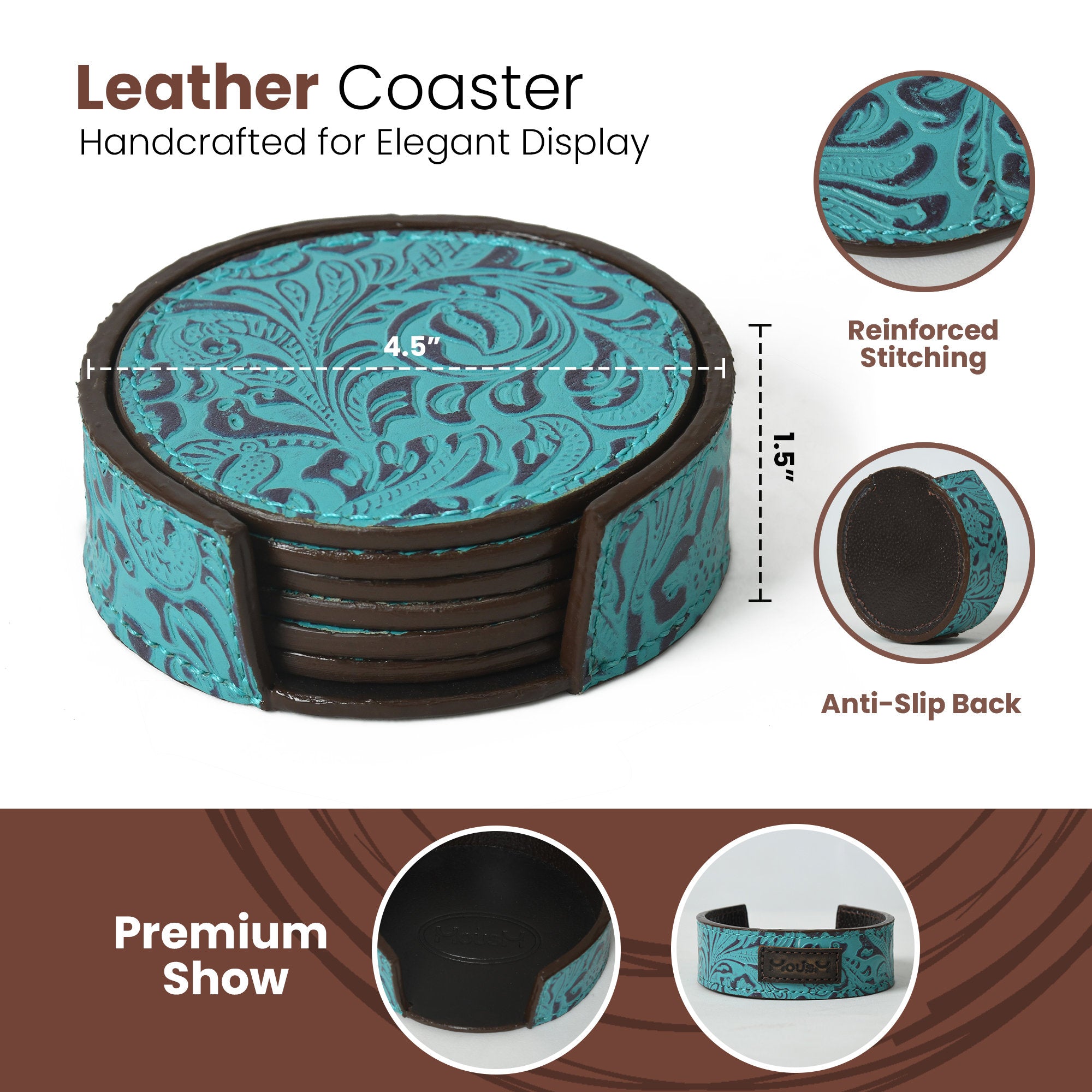 MOUSM Genuine Leather Coaster Set of 6 with Holder, Round Floral Print Coaster, Barware Gift, Gift for Him, Drink Mats Housewarming Gifts