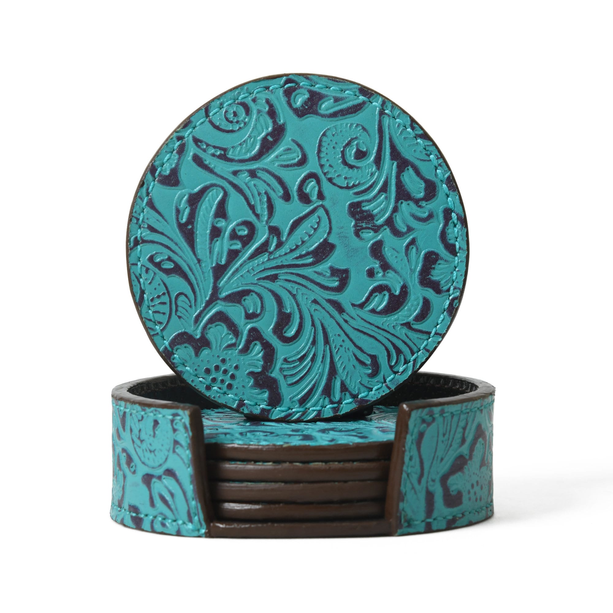 MOUSM Genuine Leather Coaster Set of 6 with Holder, Round Floral Print Coaster, Barware Gift, Gift for Him, Drink Mats Housewarming Gifts