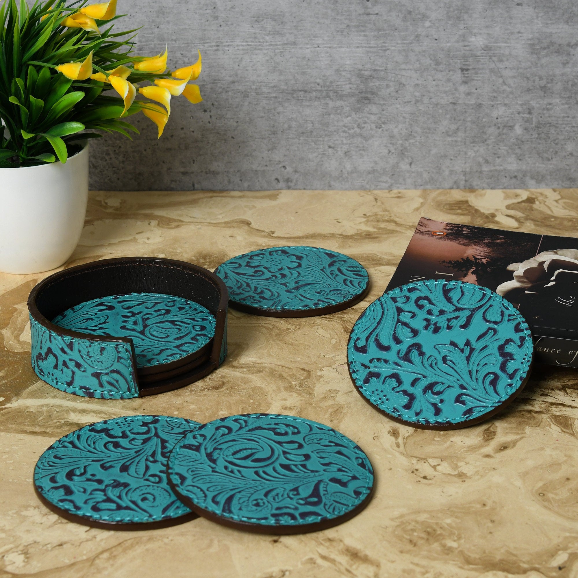 MOUSM Genuine Leather Coaster Set of 6 with Holder, Round Floral Print Coaster, Barware Gift, Gift for Him, Drink Mats Housewarming Gifts