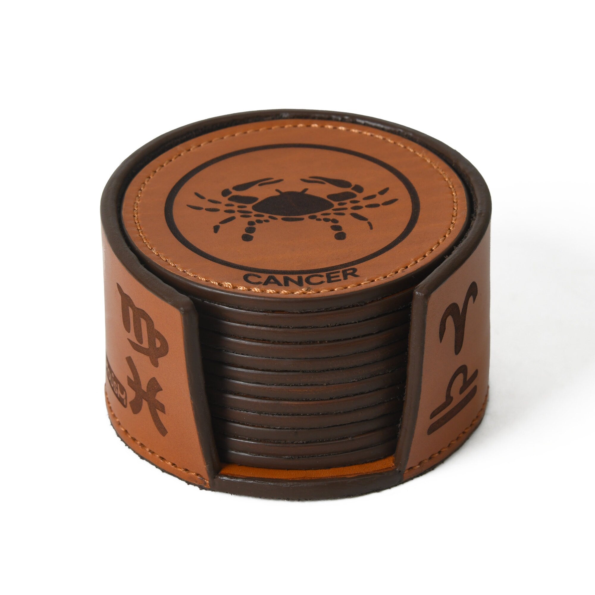 MOUSM Leather Coaster Set, Coasters with Holder, Zodiac Sign Engraved Round Leather Coaster Housewarming Gift, Bar Coaster Gift, Beer Mat
