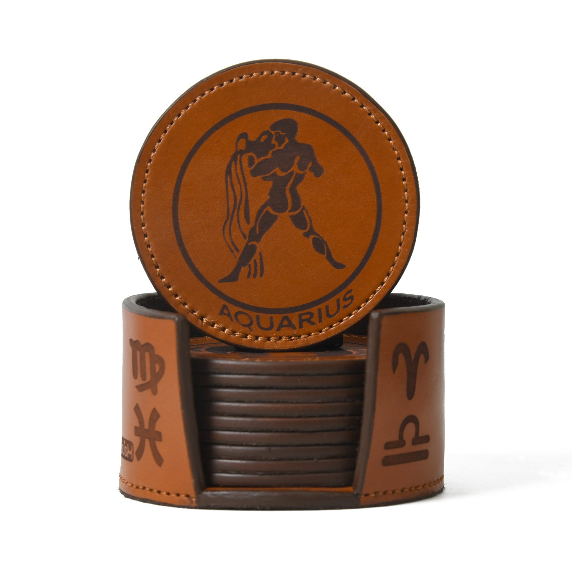 MOUSM Leather Coaster Set, Coasters with Holder, Zodiac Sign Engraved Round Leather Coaster Housewarming Gift, Bar Coaster Gift, Beer Mat