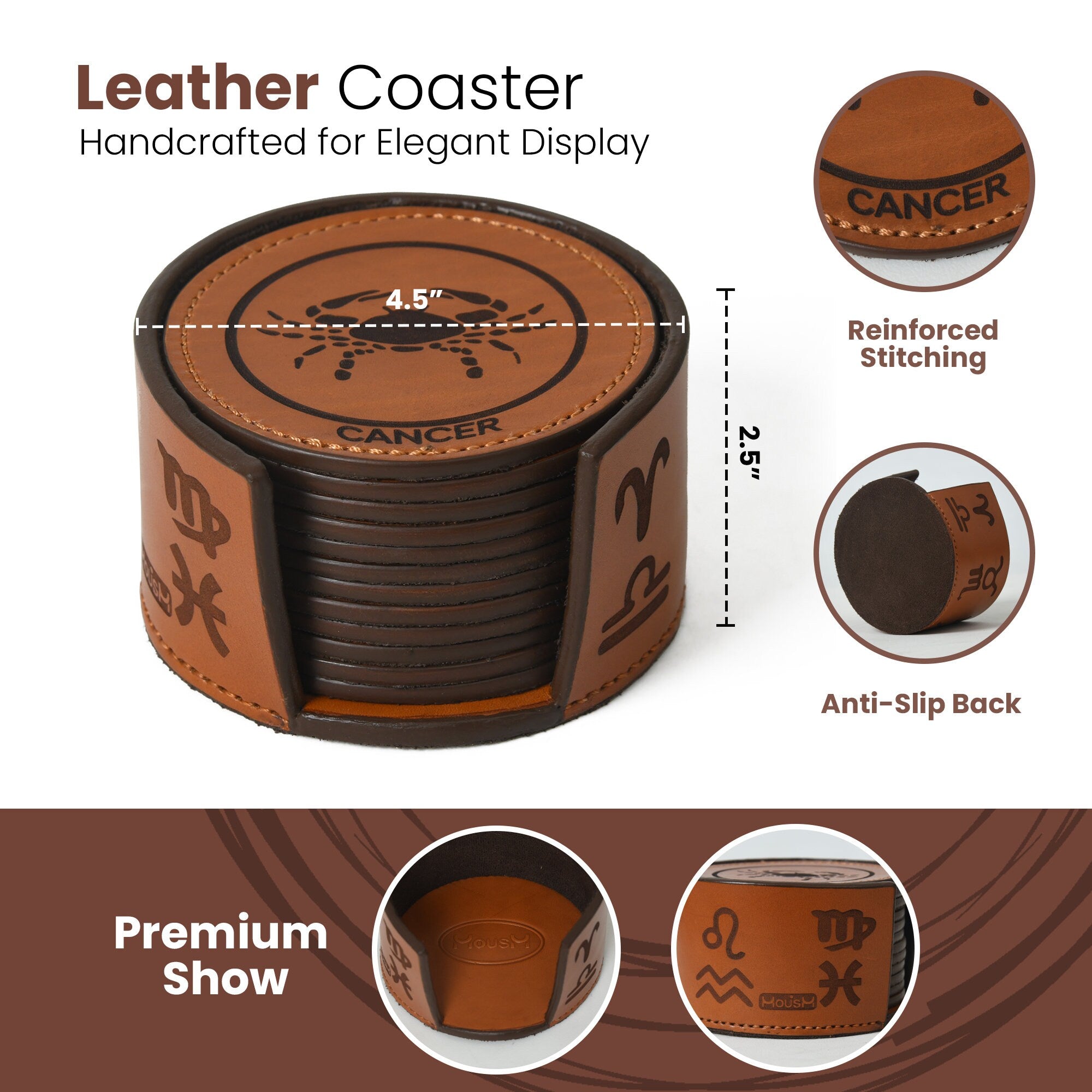 MOUSM Leather Coaster Set, Coasters with Holder, Zodiac Sign Engraved Round Leather Coaster Housewarming Gift, Bar Coaster Gift, Beer Mat