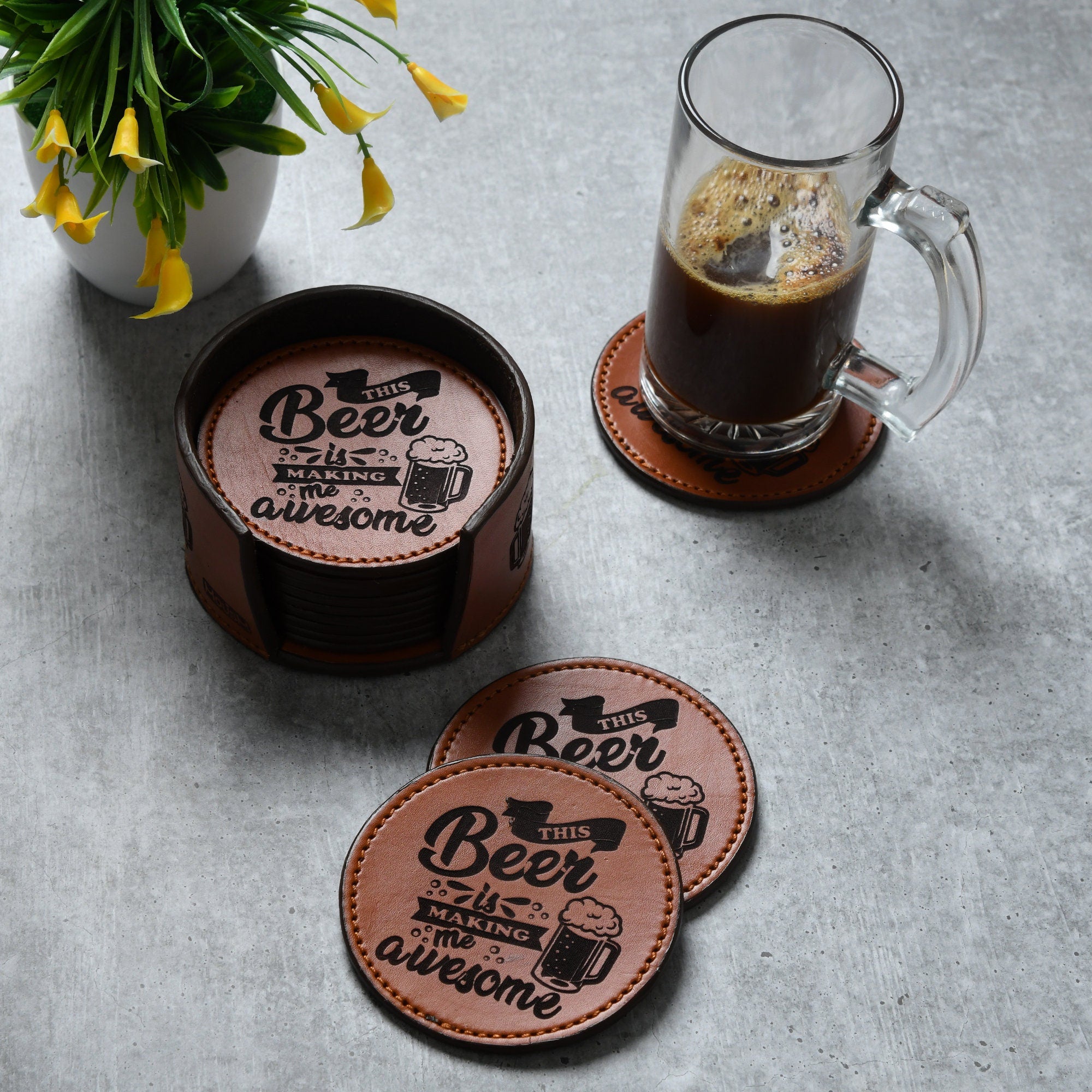 MOUSM Leather Coasters | Set of 12 | Anniversary Gift | Beer Mats | 100% Genuine Leather | Valentine&