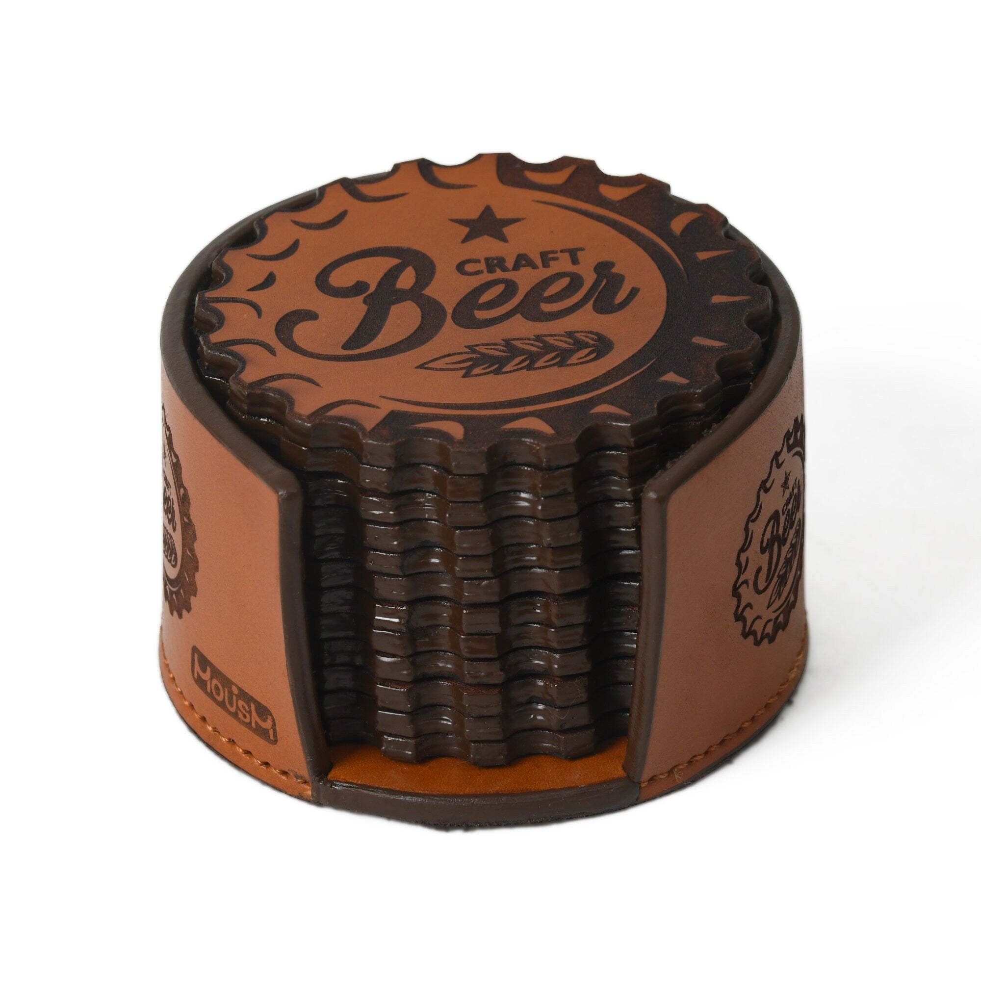 MOUSM Bar Coasters, Set of 12 Coasters with Holder, Home Bar Decor, Home Brewing Coasters, Beer Bar Decor, Leatherette, Housewarming Gift