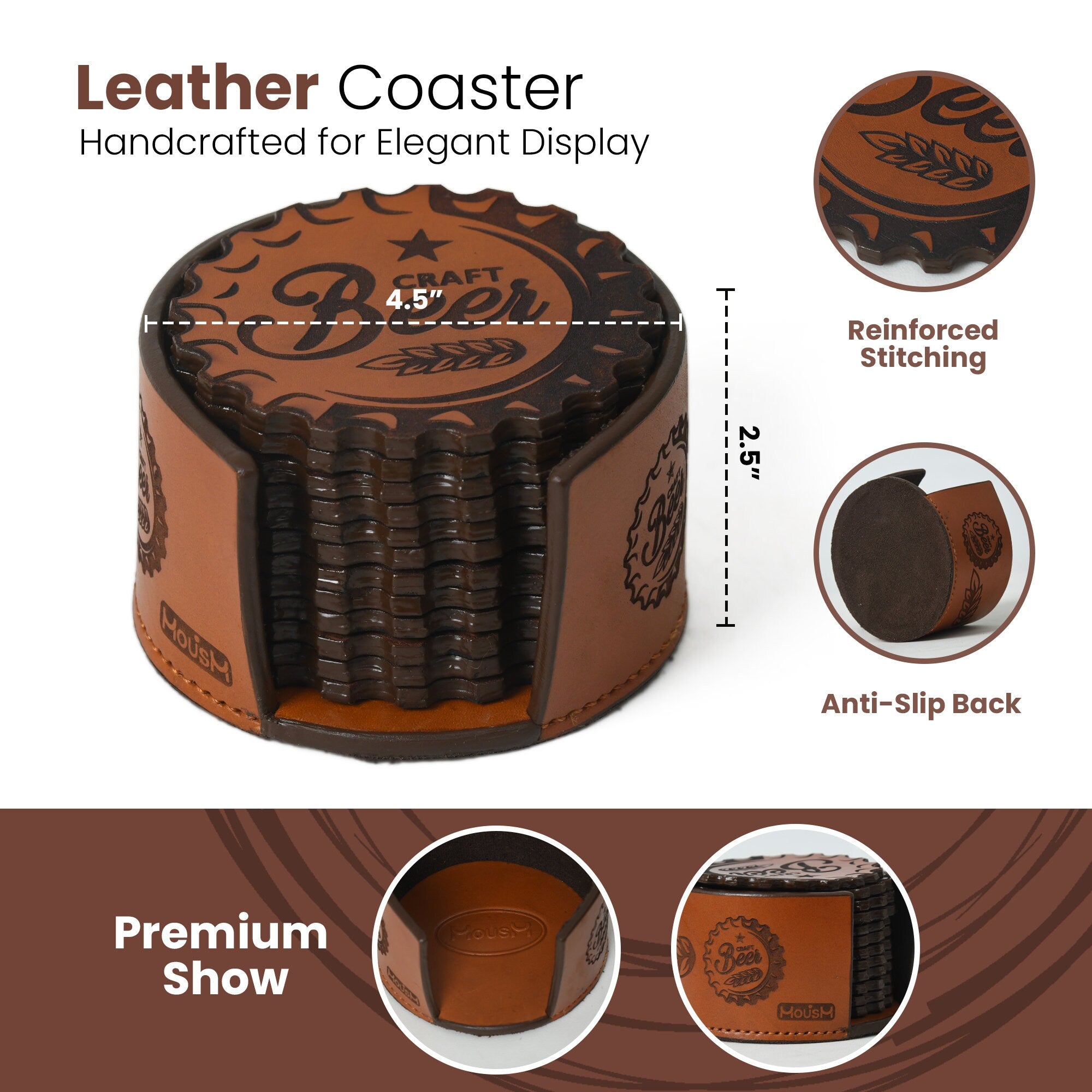 MOUSM Bar Coasters, Set of 12 Coasters with Holder, Home Bar Decor, Home Brewing Coasters, Beer Bar Decor, Leatherette, Housewarming Gift