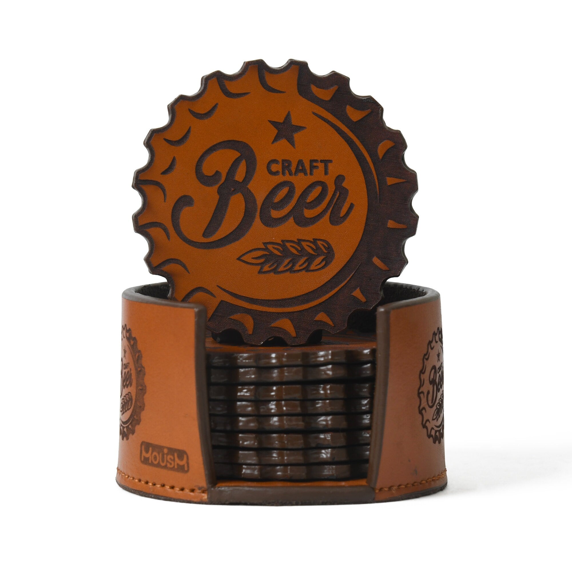 MOUSM Bar Coasters, Set of 12 Coasters with Holder, Home Bar Decor, Home Brewing Coasters, Beer Bar Decor, Leatherette, Housewarming Gift