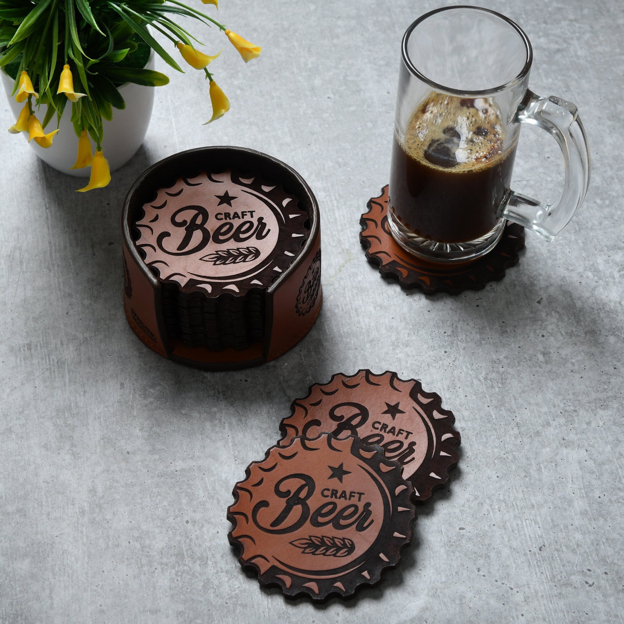MOUSM Bar Coasters, Set of 12 Coasters with Holder, Home Bar Decor, Home Brewing Coasters, Beer Bar Decor, Leatherette, Housewarming Gift