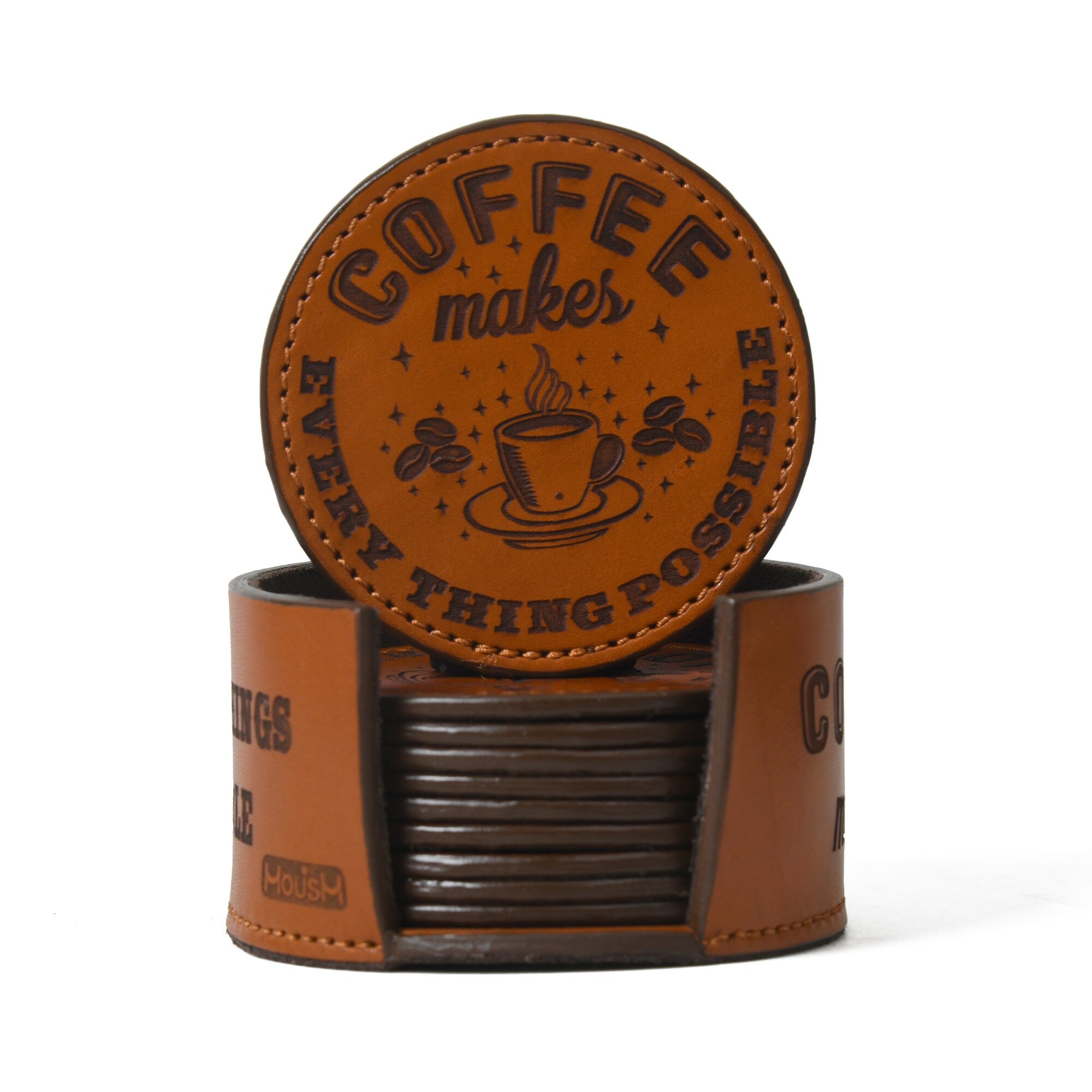 MOUSM 12 Custom Leather Coasters, Coasters With Holder, Leather Coasters , Round Leather Coasters, Housewarming Gift, Wedding Gifts Barware