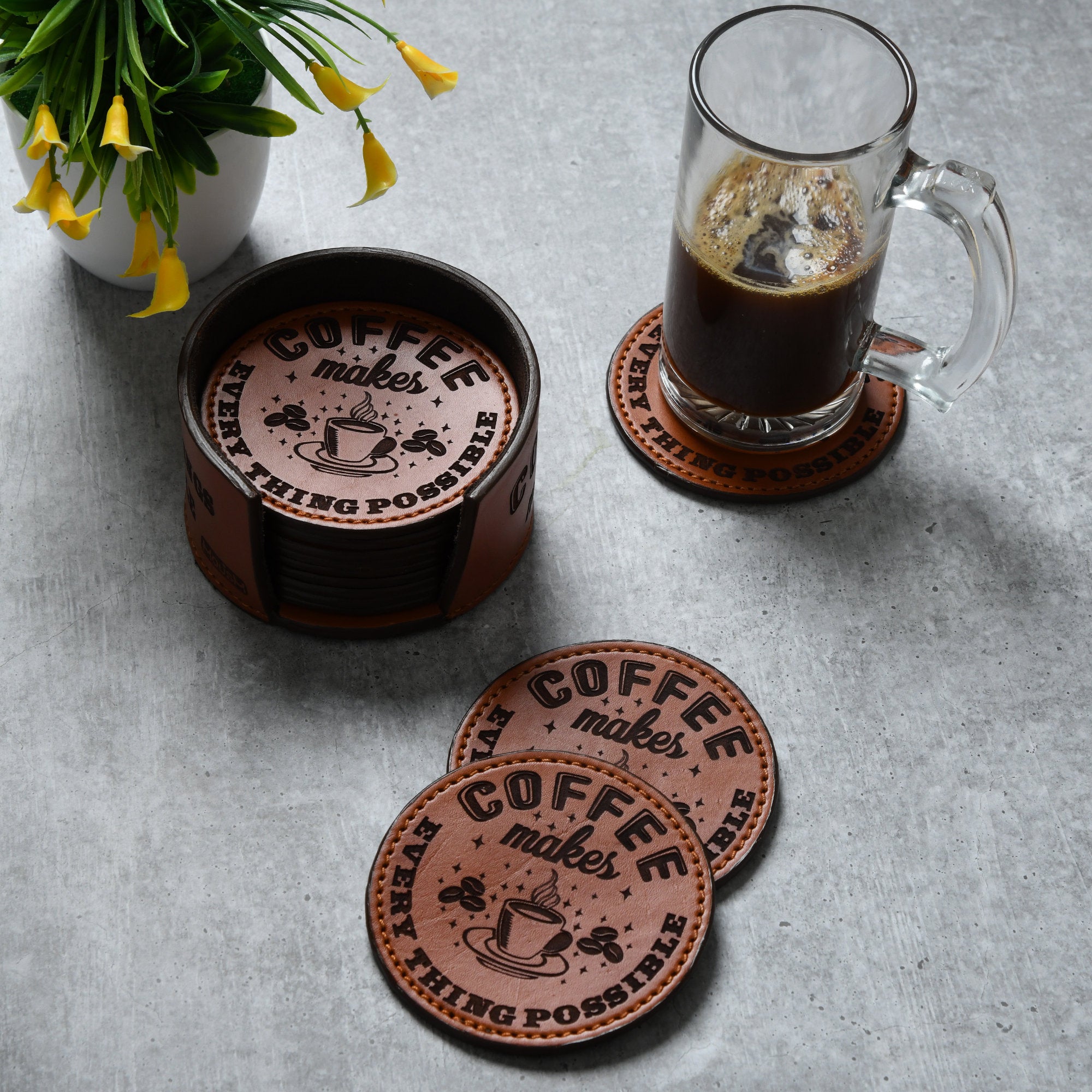 MOUSM 12 Custom Leather Coasters, Coasters With Holder, Leather Coasters , Round Leather Coasters, Housewarming Gift, Wedding Gifts Barware
