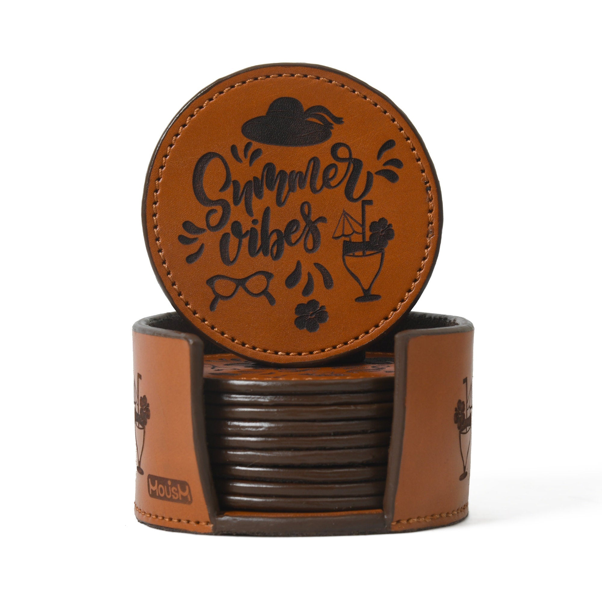 MOUSM Genuine Leather Coaster Set with Holder | Bar Decor | Drinking Mats | Coffe Mug Coaster | Leather Coasters | 12 Coasters Set "