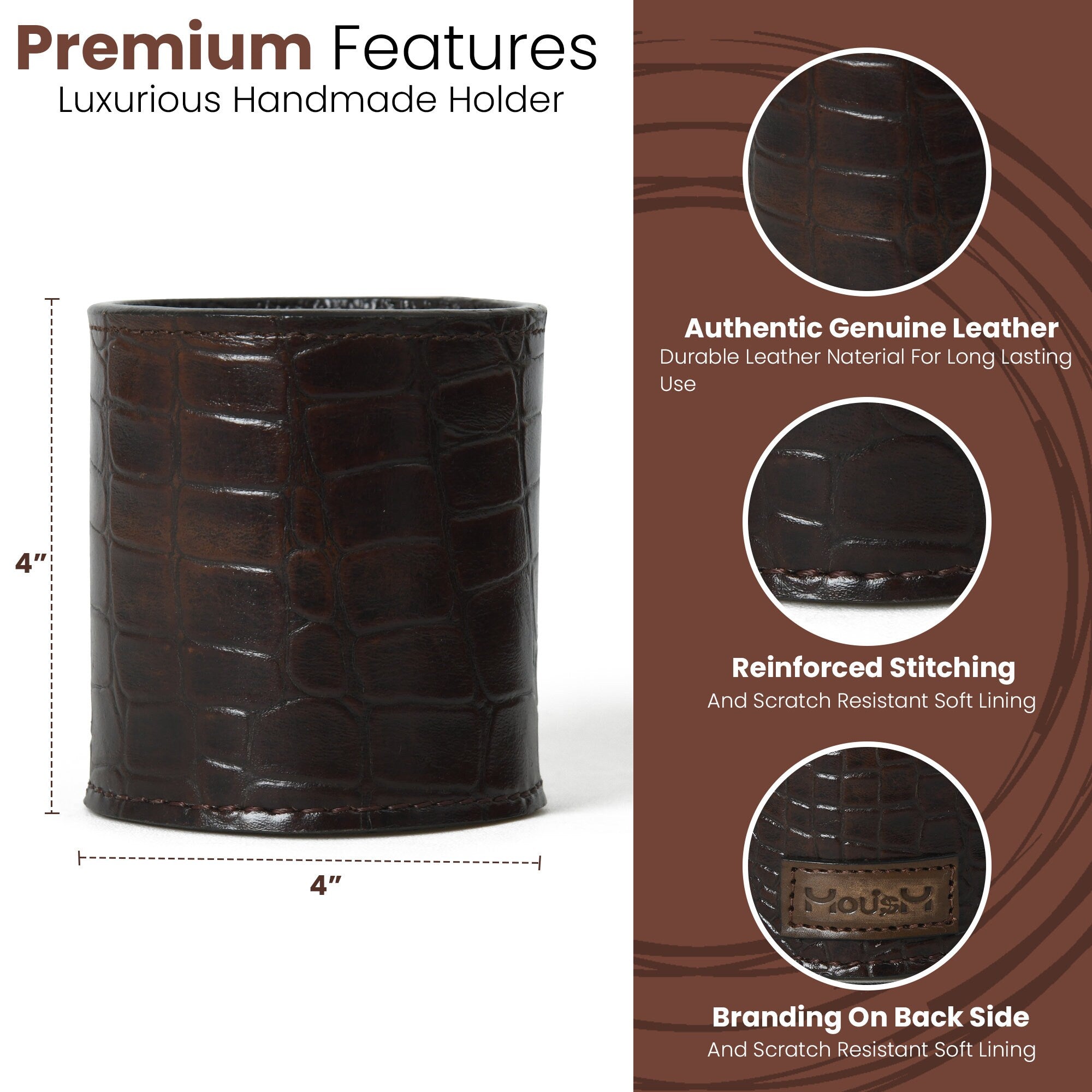 MOUSM Round Pencil Cup - Hand Stitched Leather - Solid Brown Leather Pen Holder