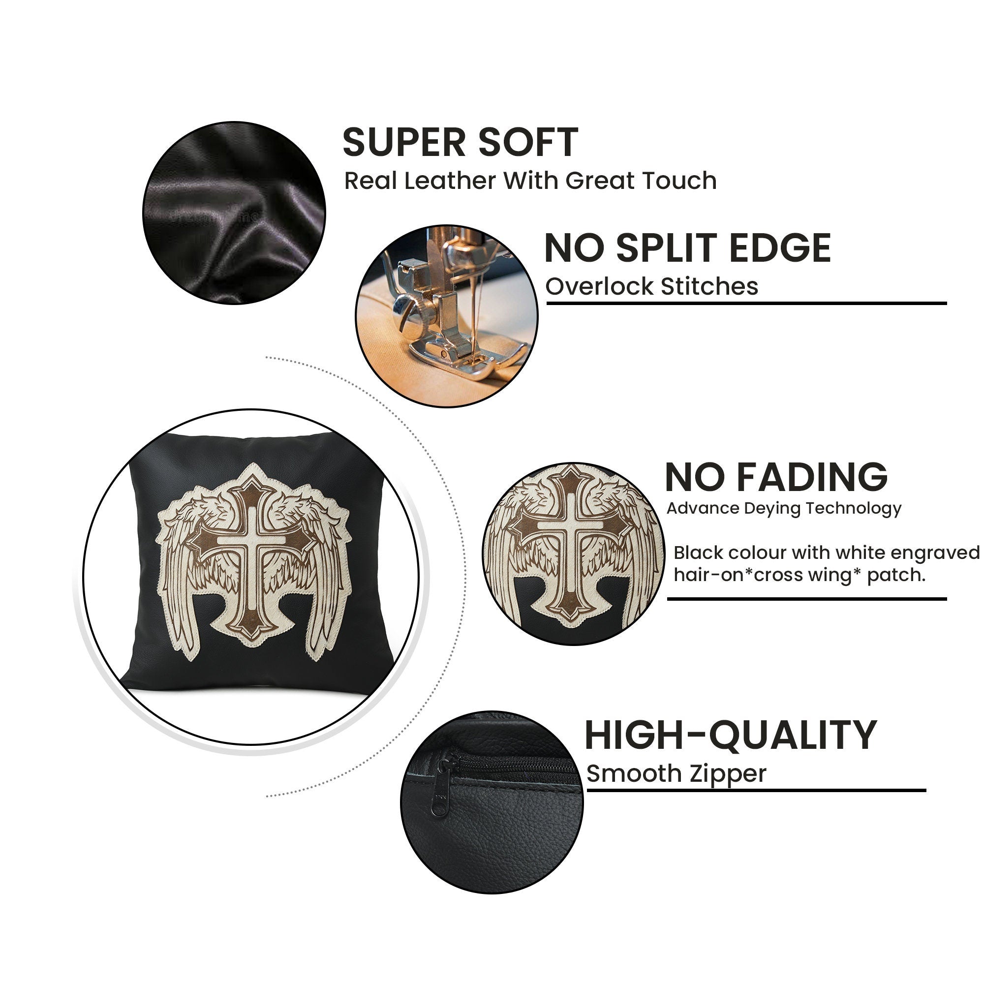 MOUSM Real Cowhide Leather Cushion Cover – 18x18 Inch Decorative Throw Pillow Cover with White Engraved Hair On Cross Wing Patch – Designer Leather Cushion Cover for Sofa, Couch, Living Room & Bedroom