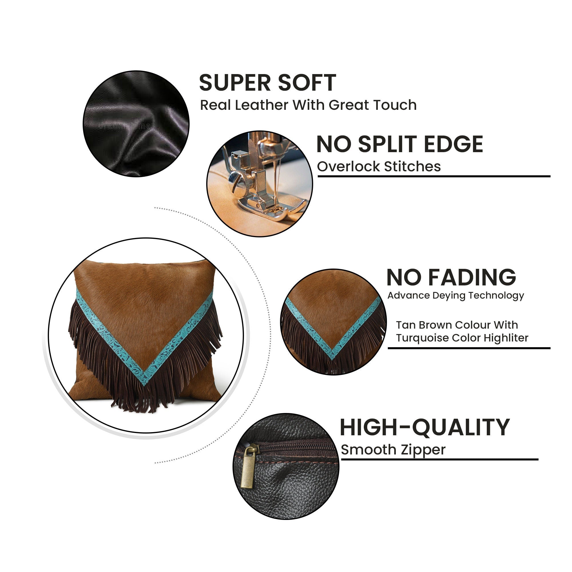 MOUSM Real Cowhide Leather Cushion Cover – 18x18 Inch Hair-On Decorative Pillow Cover with Brown Fringe – Designer Throw Pillow Case for Sofa, Couch, Living Room & Bedroom (Tan Brown)