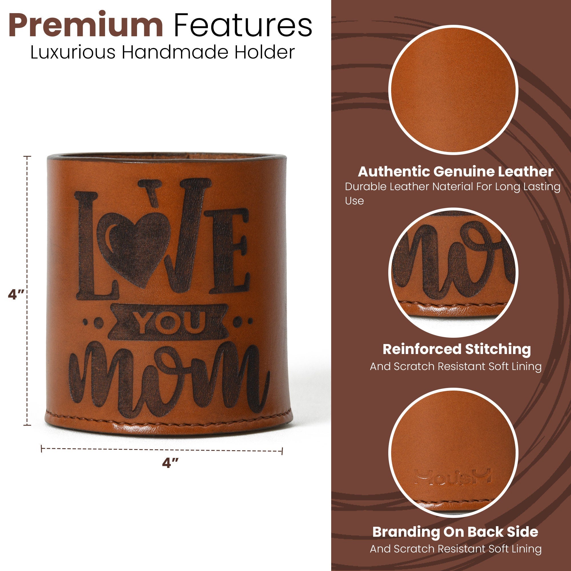 MOUSM Love You Mom Engraved Leather Handmade Pen/Pencil Holder