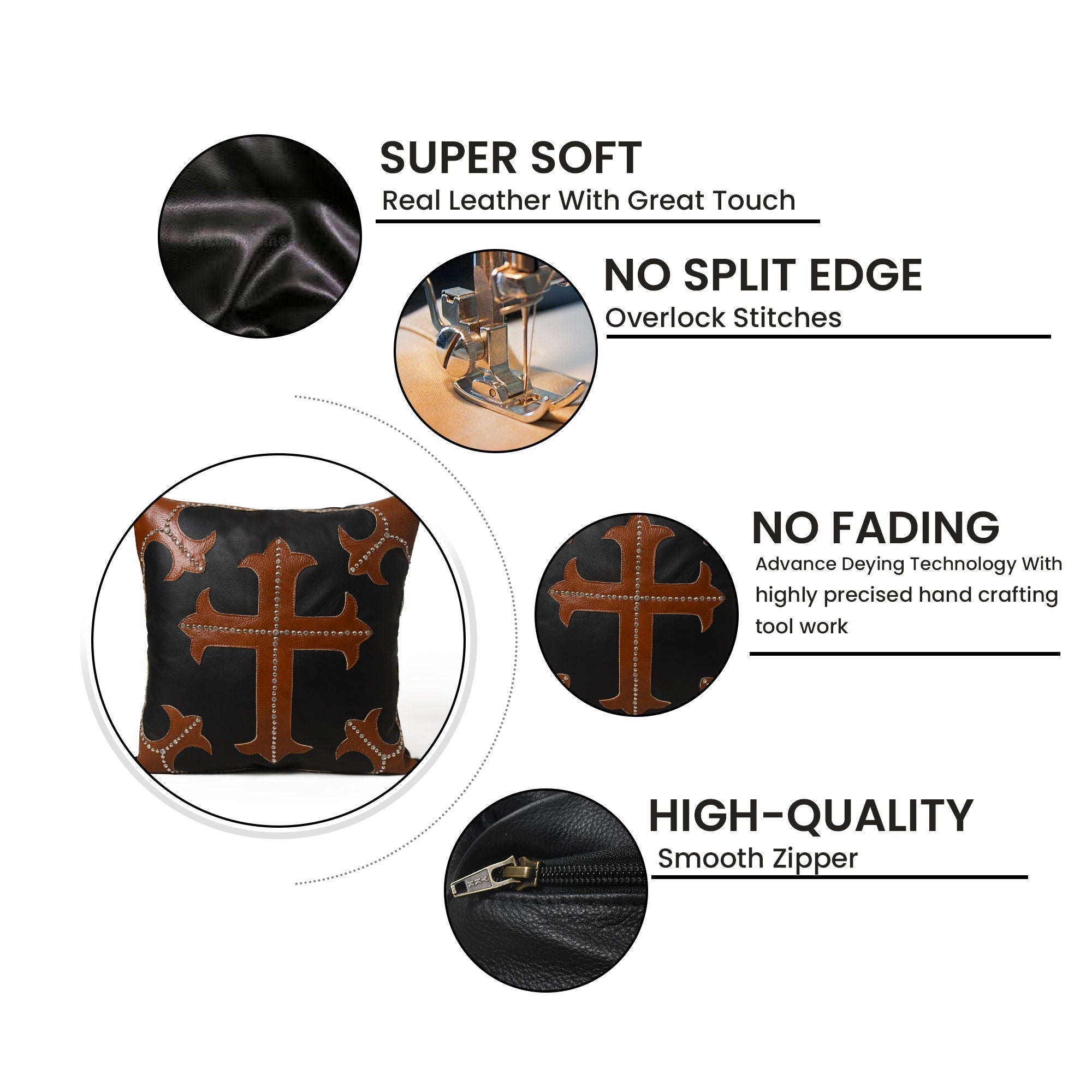 MOUSM Real Cowhide Leather Cushion Cover – 18x18 Inches Pillow Cover with Brown Cross Design Patch & Silver Rhinestone Studs – Designer Throw Pillow Cover for Sofa, Couch, Living Room & Bedroom (Black)