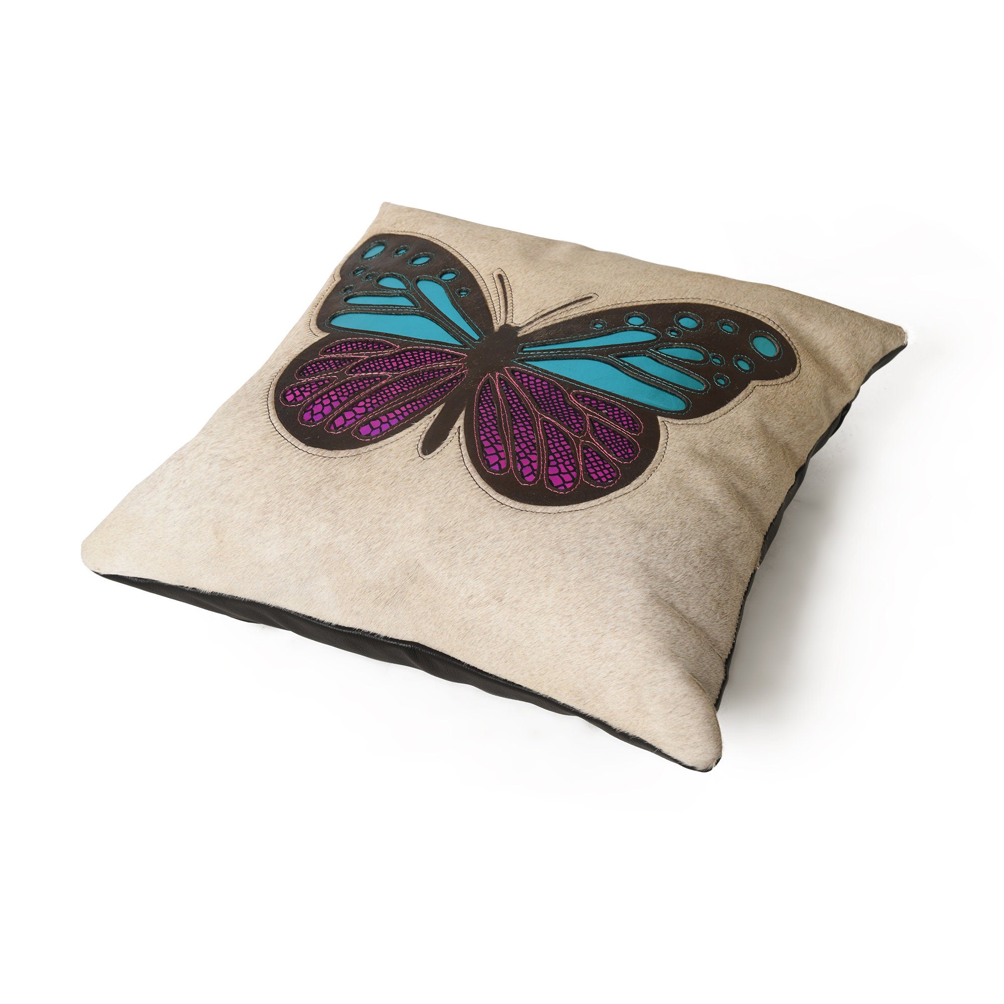 MOUSM Real Cowhide Leather Cushion Cover – 18x18 Inch Hair-On Pillow Cover with Colorful Butterfly Patch Handcrafted Decorative Throw Pillow Cover for Sofa, Couch, Living Room & Bedroom