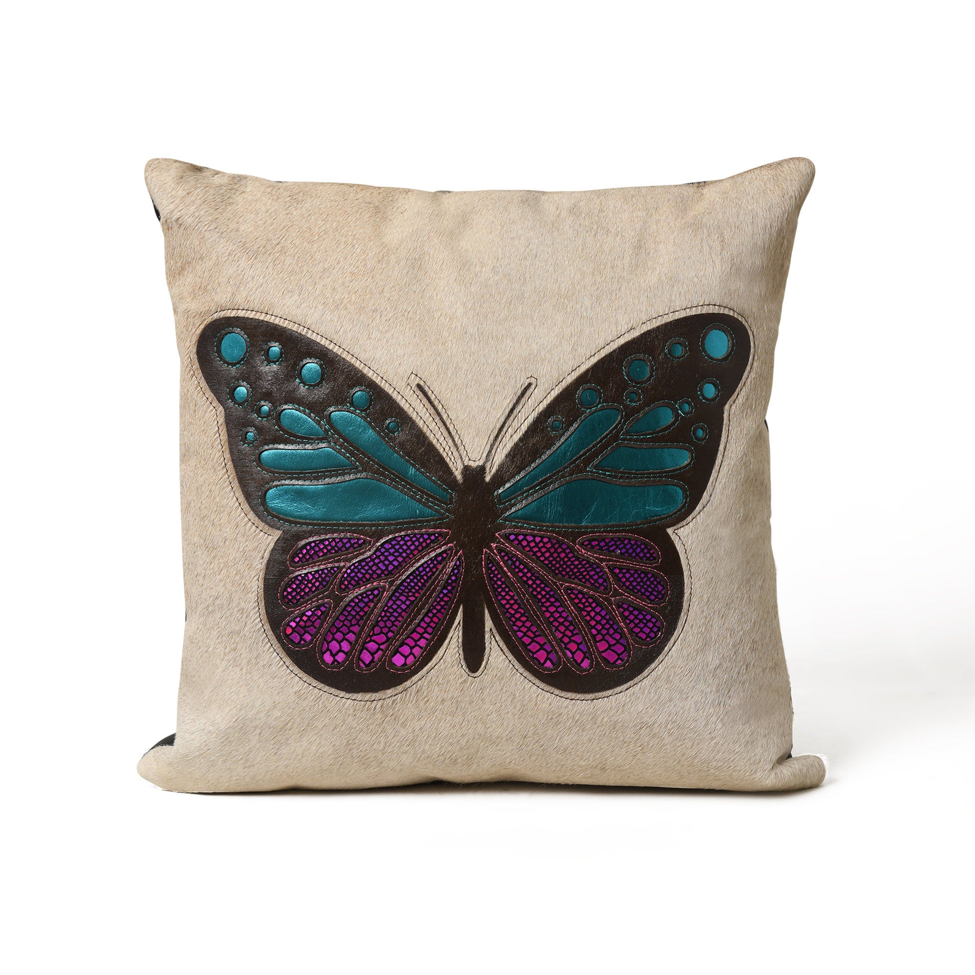 MOUSM Real Cowhide Leather Cushion Cover – 18x18 Inch Hair-On Pillow Cover with Colorful Butterfly Patch Handcrafted Decorative Throw Pillow Cover for Sofa, Couch, Living Room & Bedroom