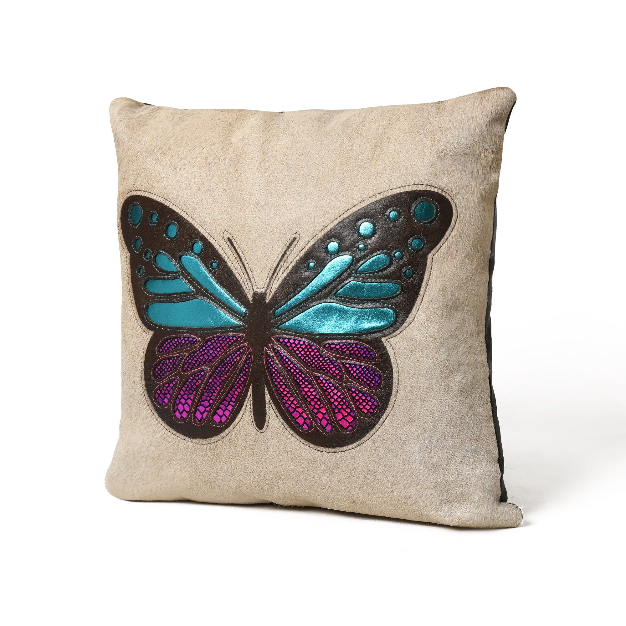 MOUSM Real Cowhide Leather Cushion Cover – 18x18 Inch Hair-On Pillow Cover with Colorful Butterfly Patch Handcrafted Decorative Throw Pillow Cover for Sofa, Couch, Living Room & Bedroom