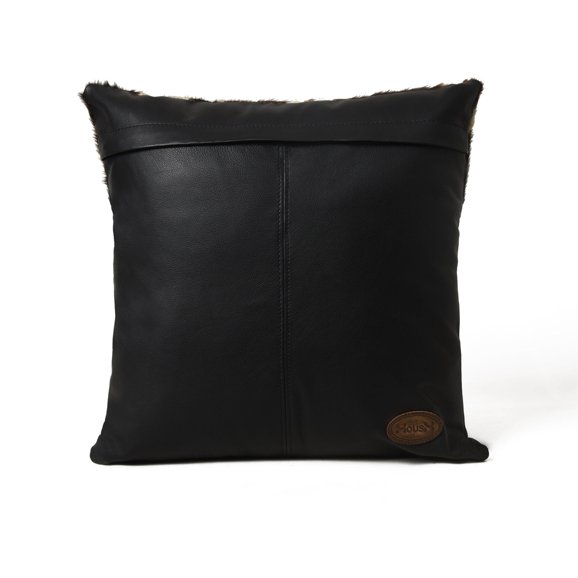 MOUSM Real Cowhide Leather Cushion Cover – 18x18 Inches Pillow Cover with Half Brown & White Spotted Cow Hair On and Smooth Black Leather Base – Designer Throw Pillow Case for Sofa, Couch, Living Room & Bedroom